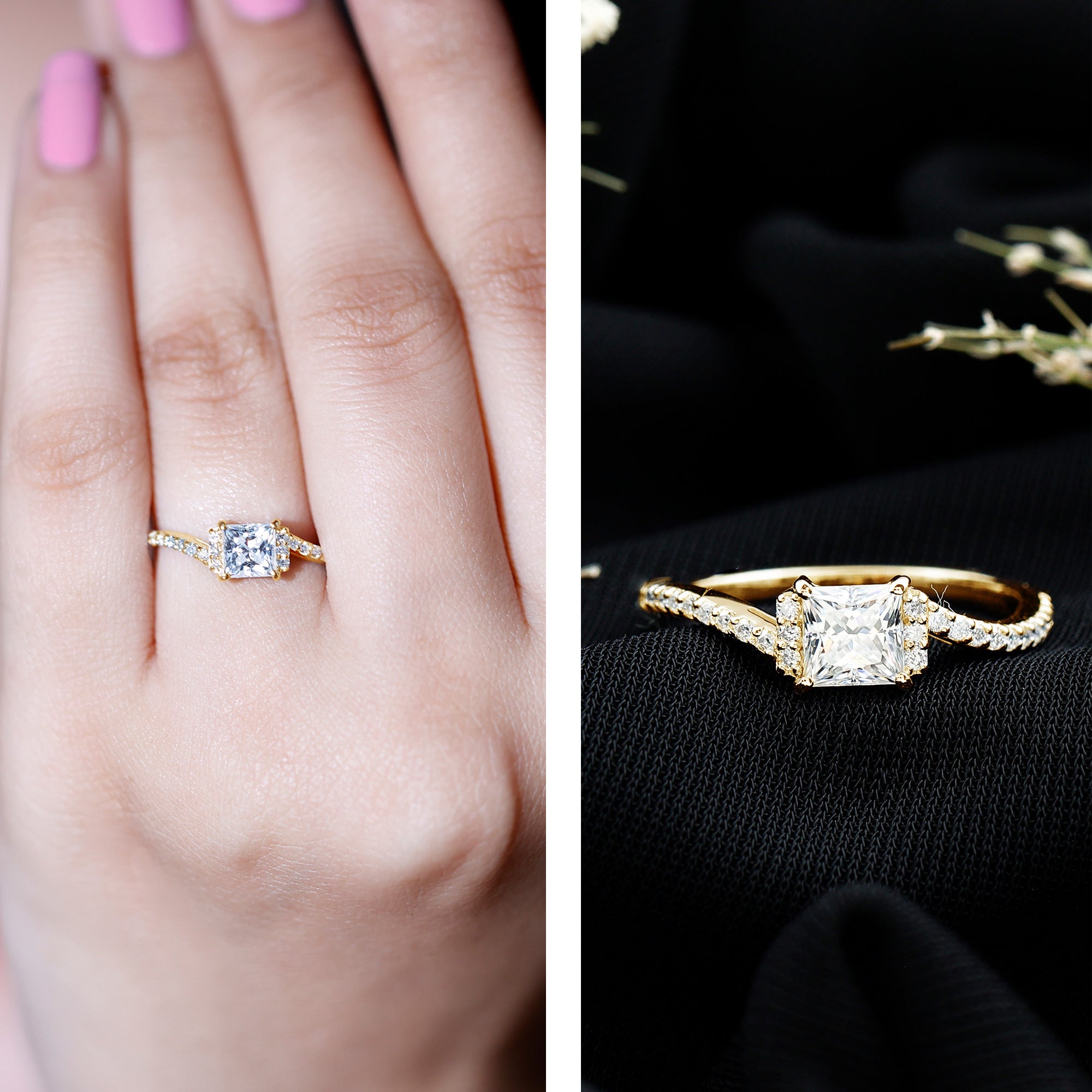 Princess Cut Moissanite Ring | Modern Bypass Engagement Ring for Women