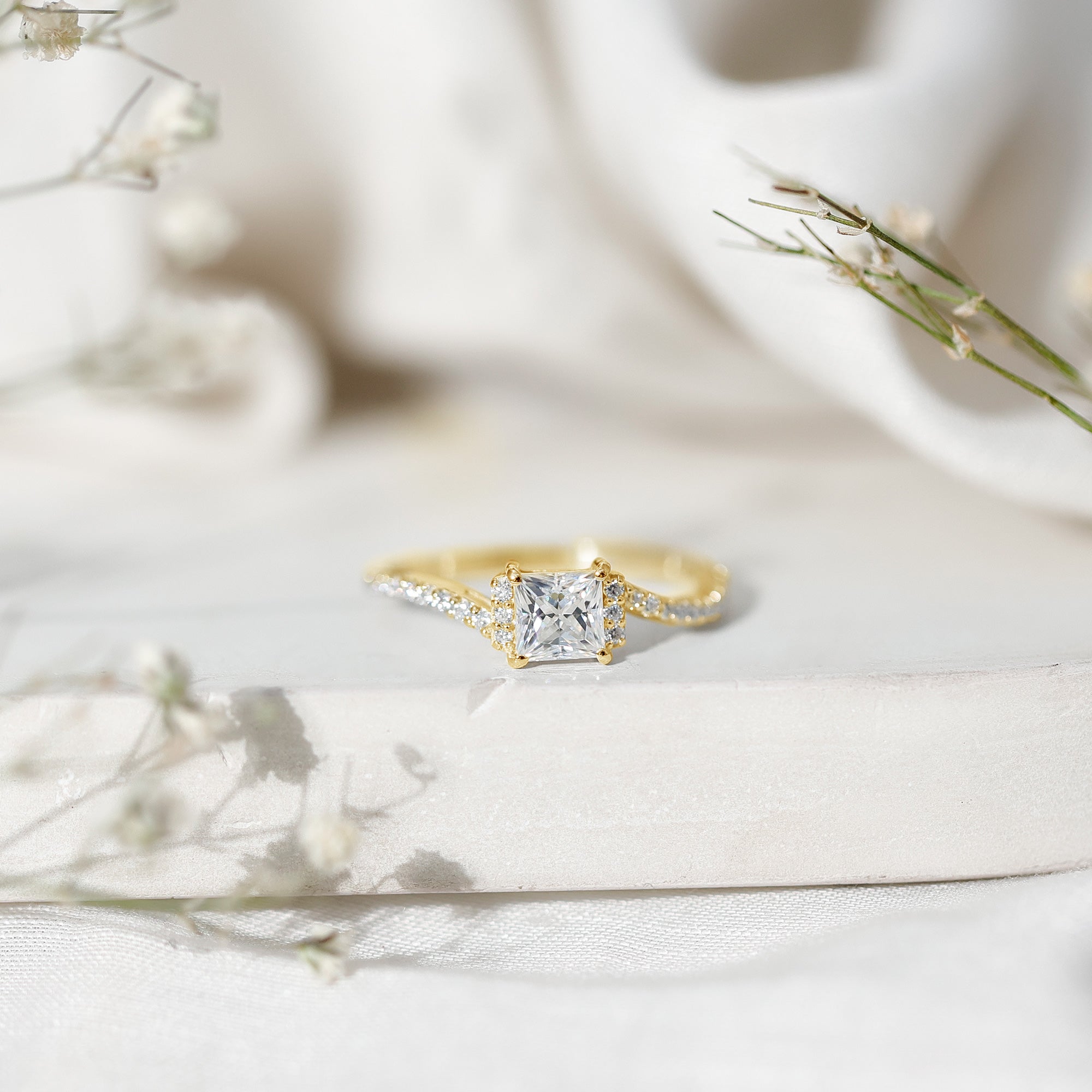 Princess Cut Moissanite Ring | Modern Bypass Engagement Ring for Women
