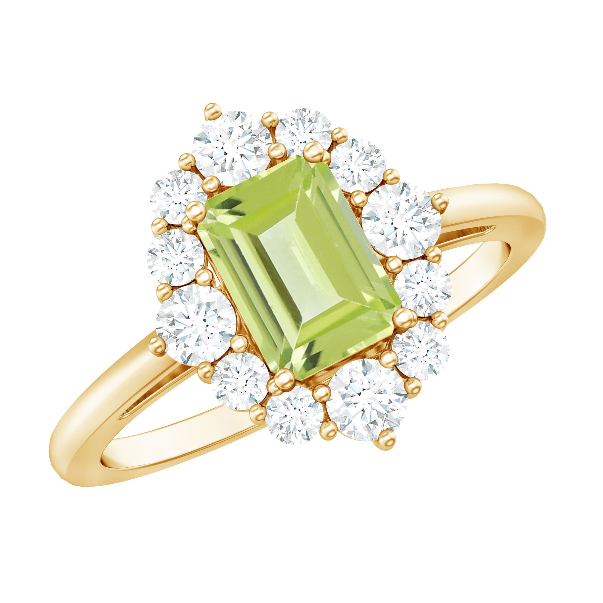 Peridot Engagement Ring – 1.8 Carat Emerald Cut Green Gemstone Ring with Diamond Halo