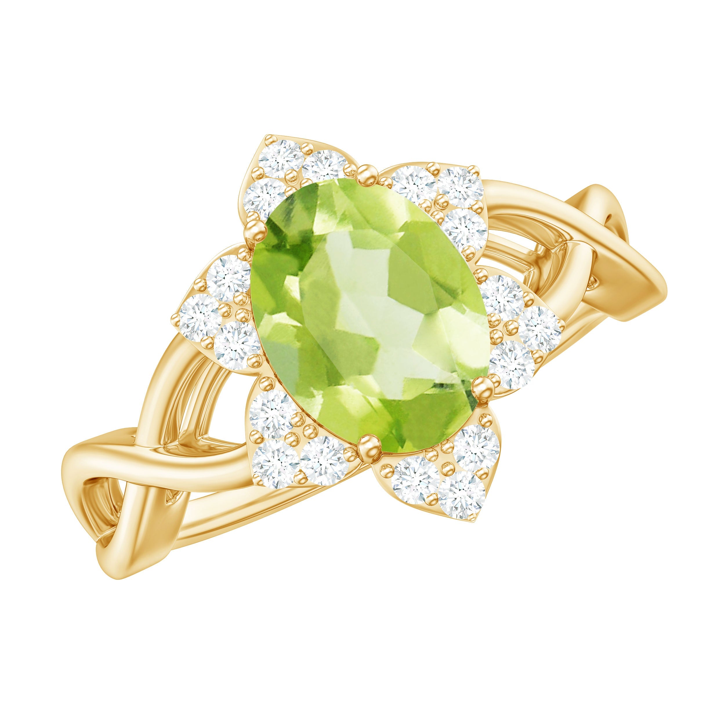 Peridot Engagement Ring - Natural Oval 1 Carat Peridot Diamond Halo Flower Ring
