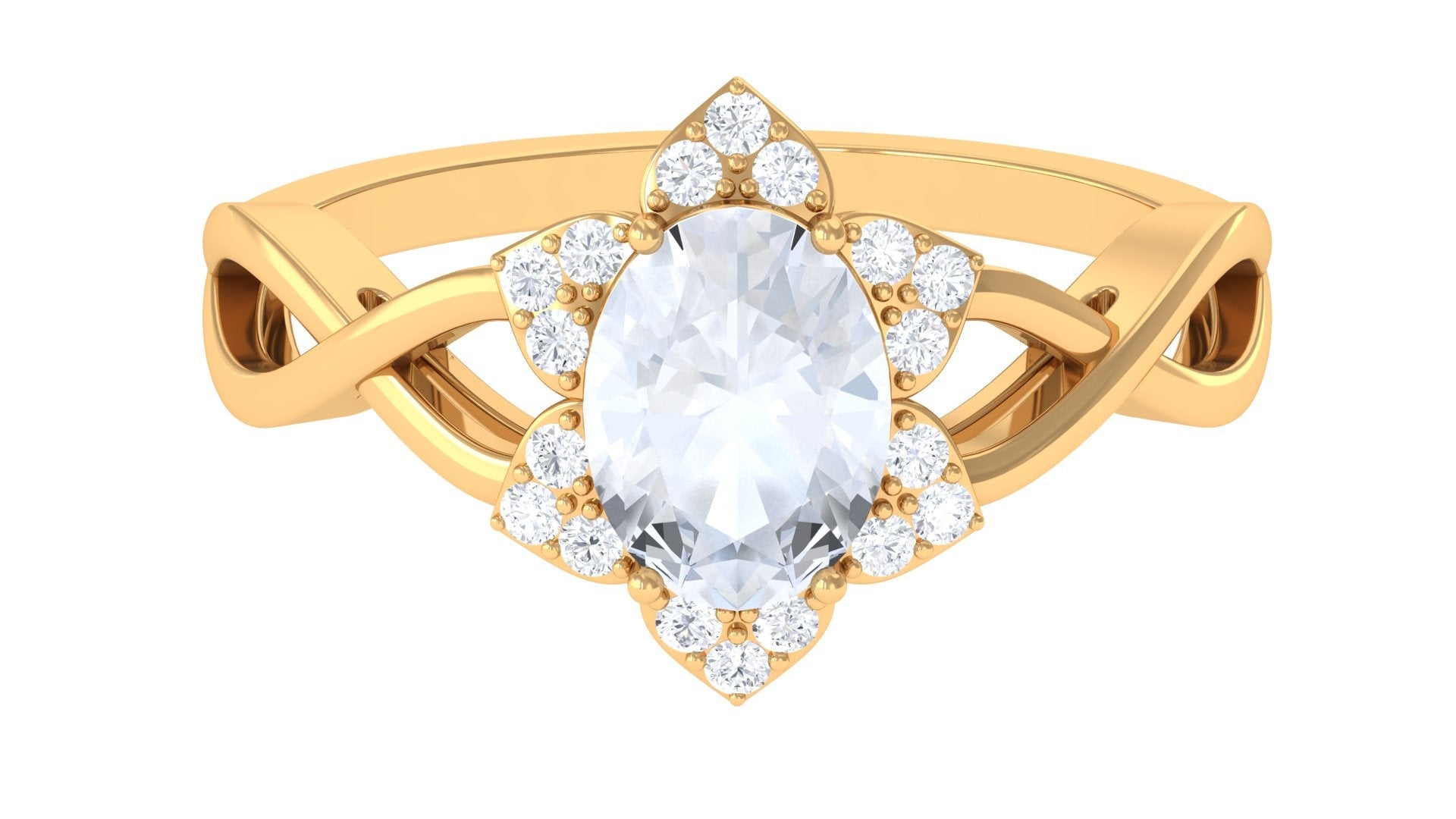 Oval Moonstone Ring – Floral Halo Diamond Engagement Jewelry with Crossover Shank