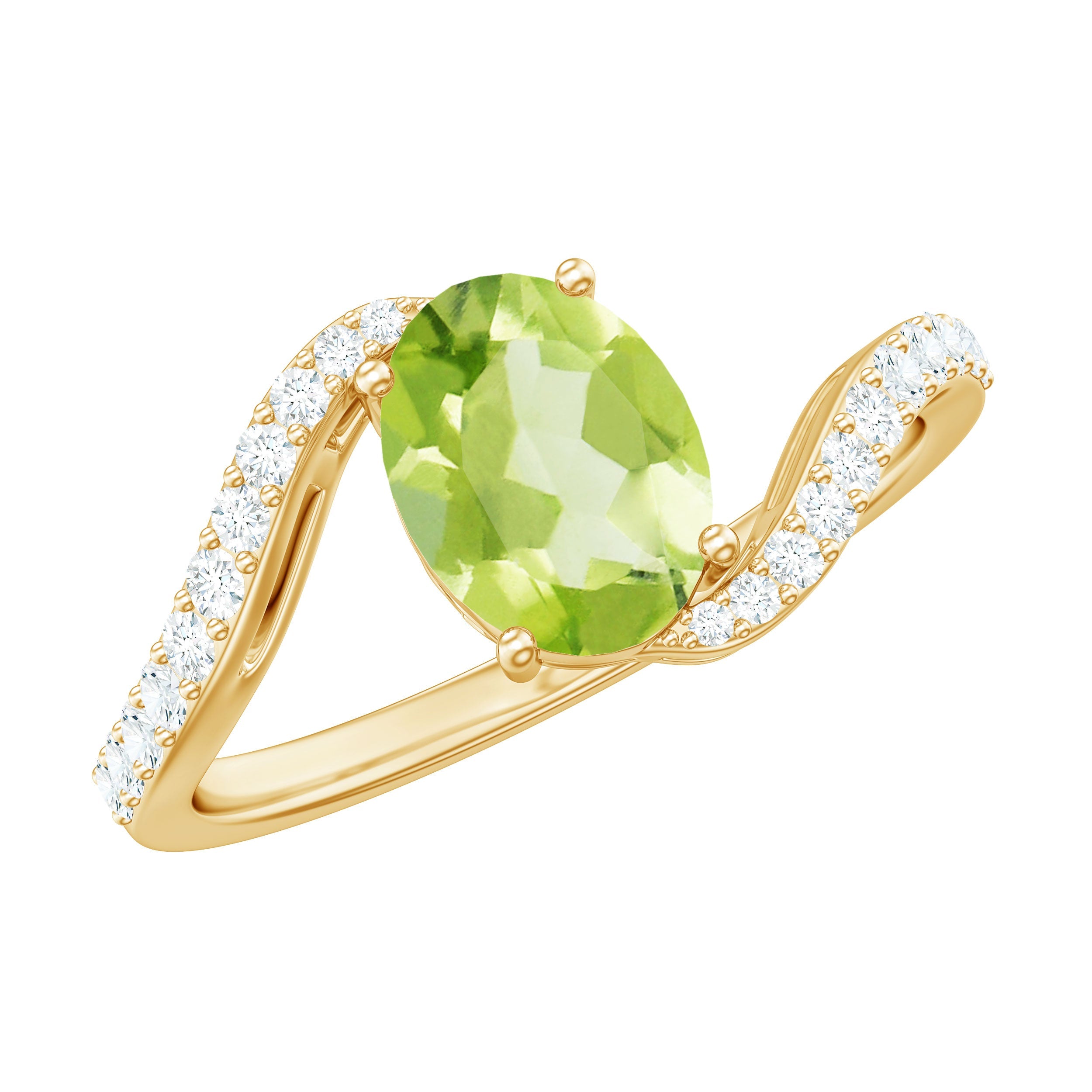 Oval Peridot Engagement Ring – Natural 1 Carat AAA Quality Solitaire with Diamond Bypass Shank