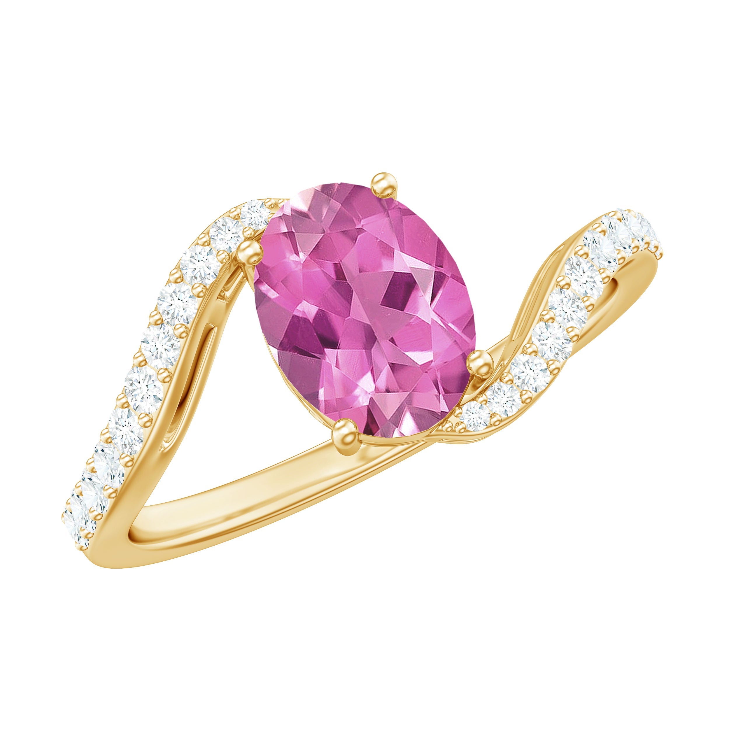 Pink Tourmaline Ring Solitaire Bypass With Sparkling Diamond – AAA Quality Oval Gemstone