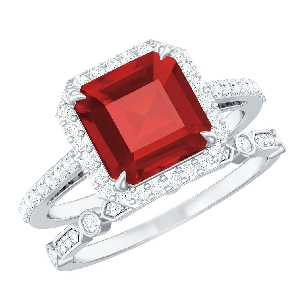 Lab Grown Ruby Ring – Asscher Cut Engagement with Diamond Halo & Enhancer Set