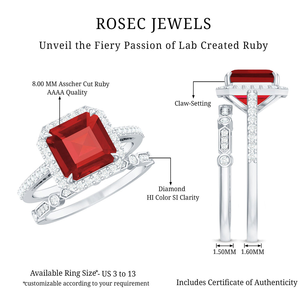 Lab Grown Ruby Ring – Asscher Cut Engagement with Diamond Halo & Enhancer Set