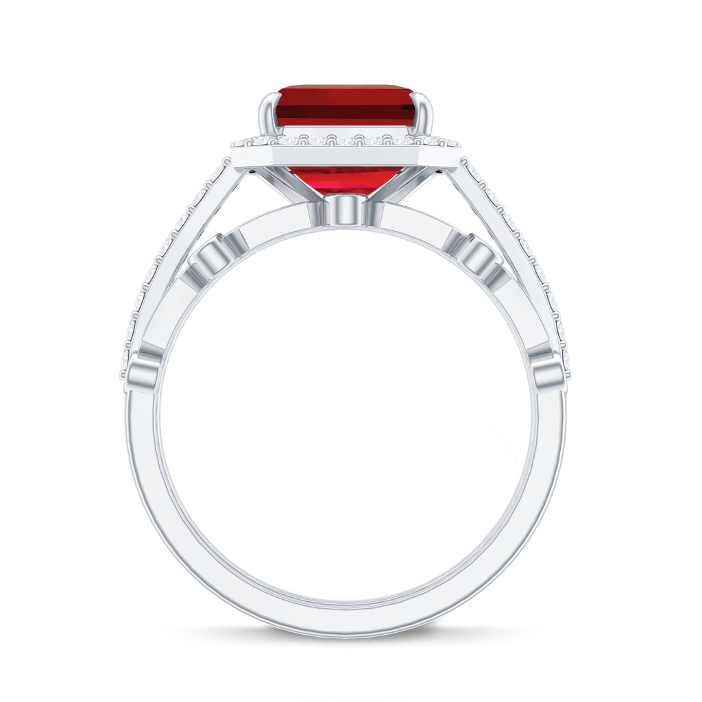 Lab Grown Ruby Ring – Asscher Cut Engagement with Diamond Halo & Enhancer Set