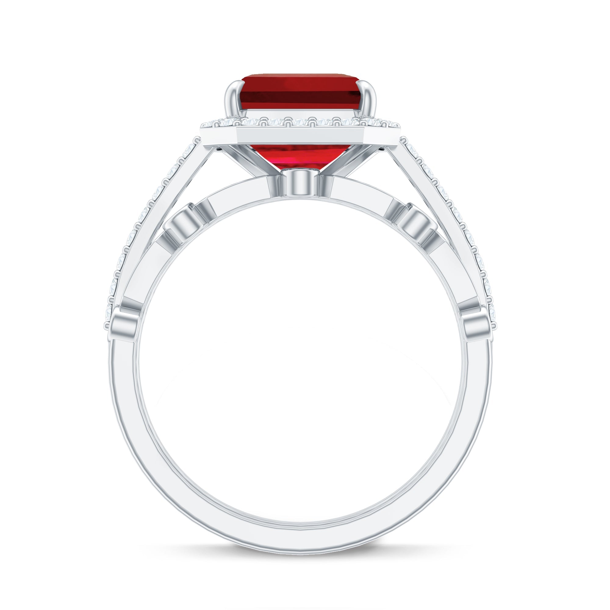 Lab Grown Ruby Ring – Asscher Cut Engagement with Diamond Halo & Enhancer Set