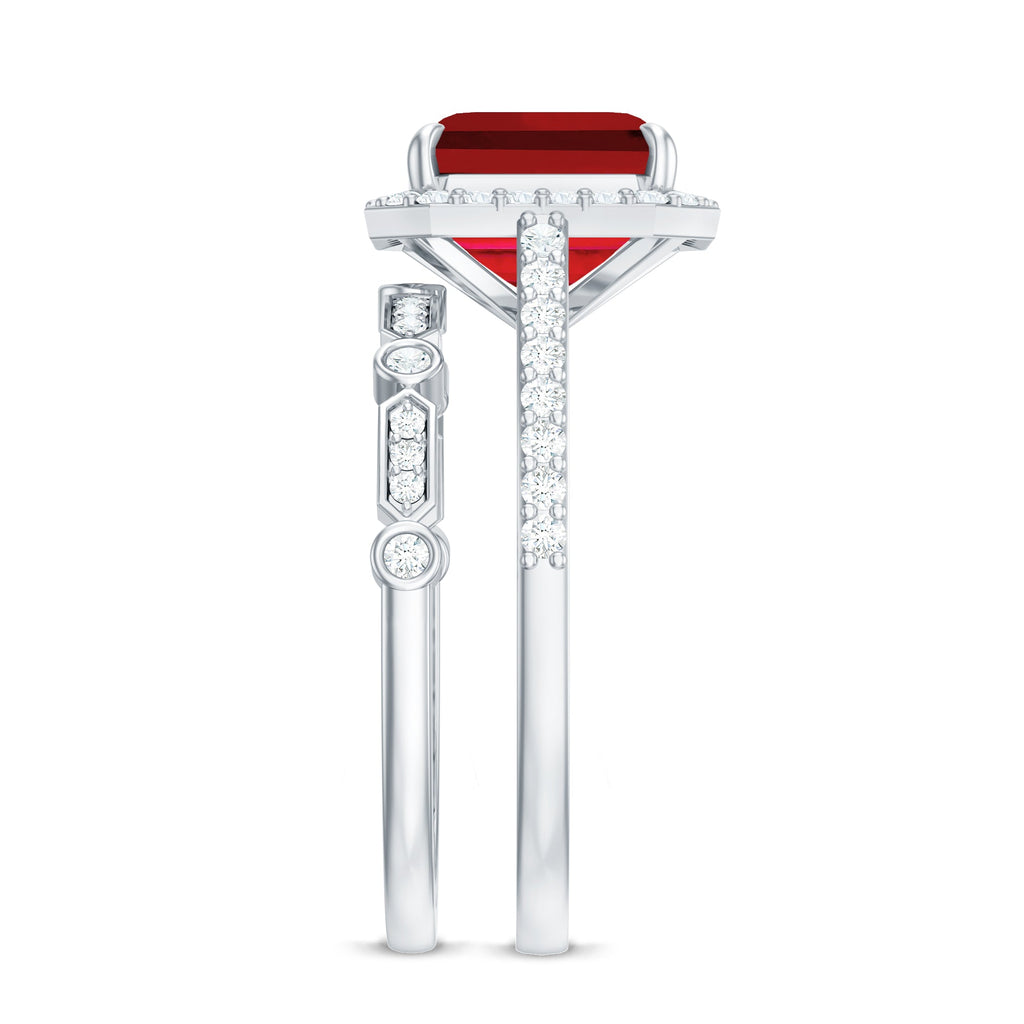Lab Grown Ruby Ring – Asscher Cut Engagement with Diamond Halo & Enhancer Set