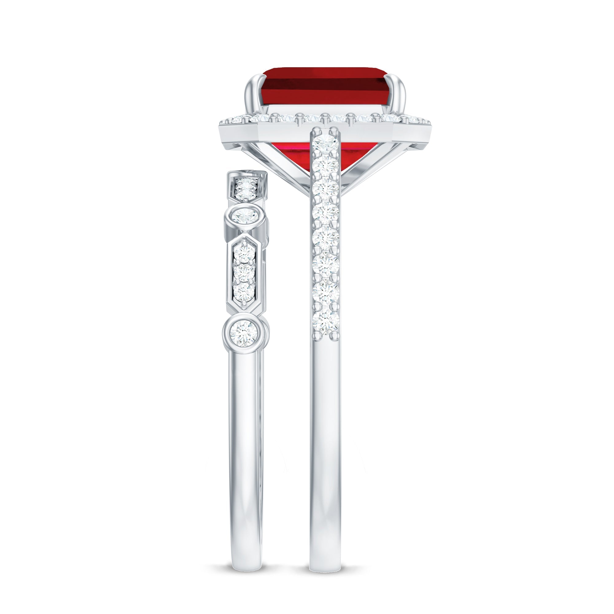 Lab Grown Ruby Ring – Asscher Cut Engagement with Diamond Halo & Enhancer Set