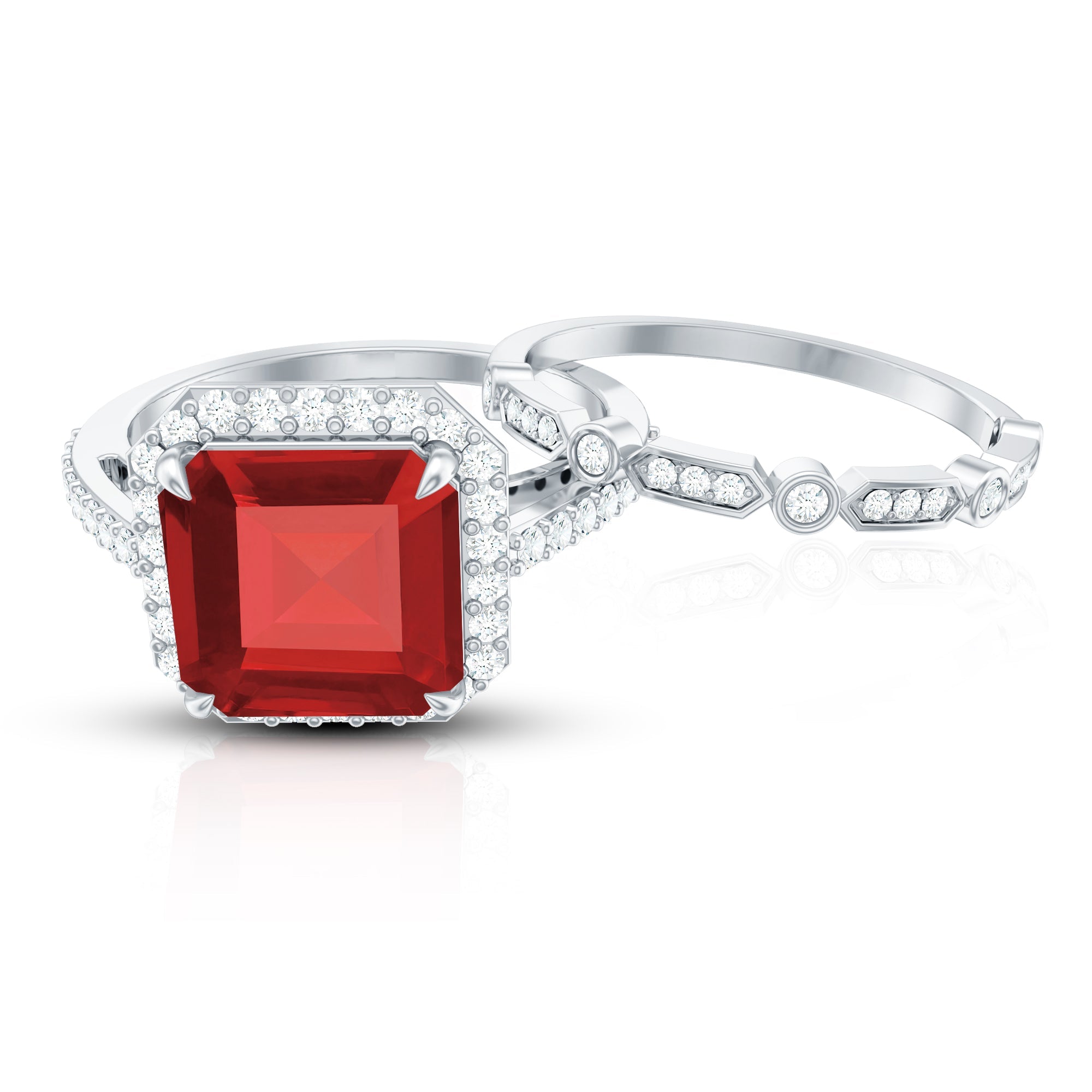 Lab Grown Ruby Ring – Asscher Cut Engagement with Diamond Halo & Enhancer Set