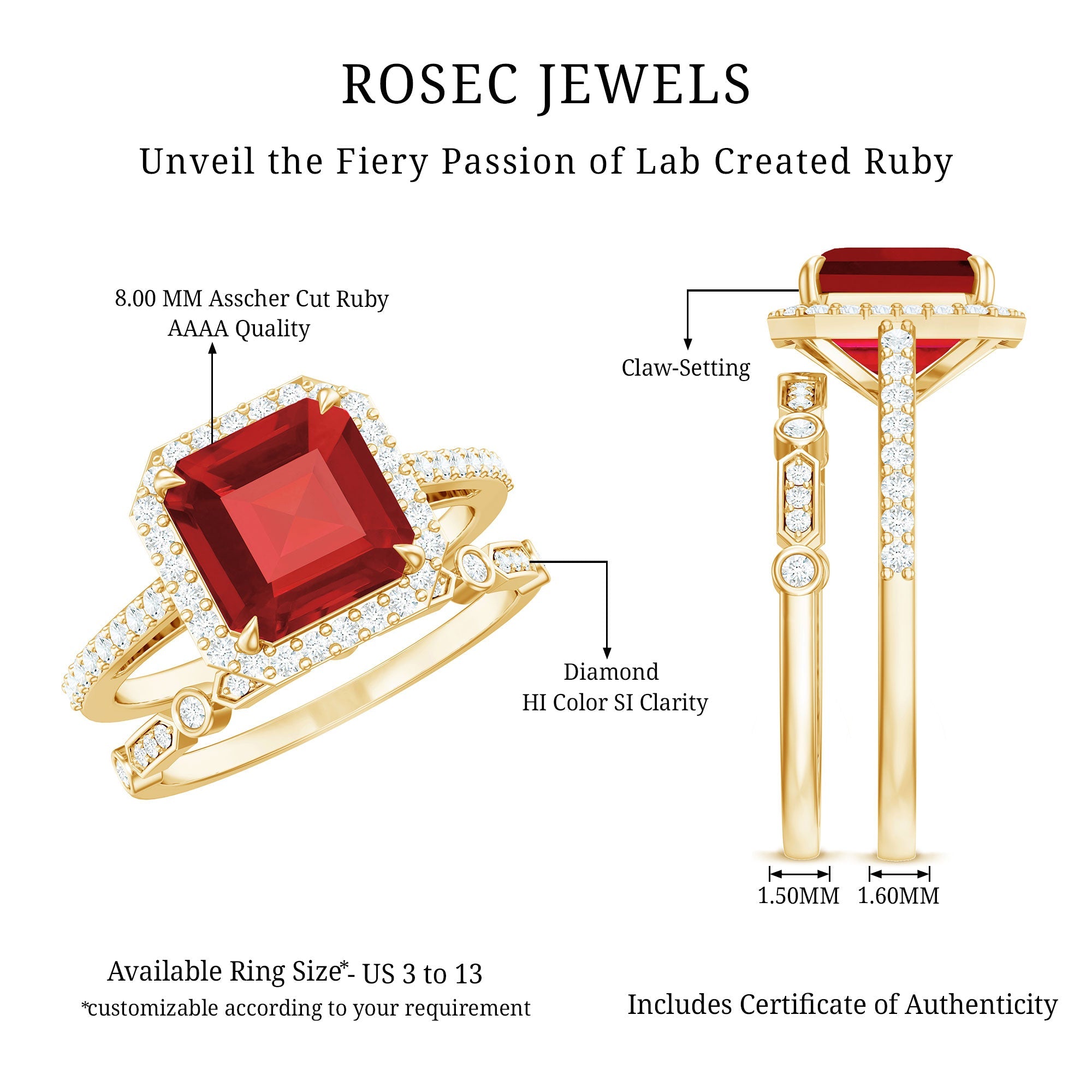 Lab Grown Ruby Ring – Asscher Cut Engagement with Diamond Halo & Enhancer Set