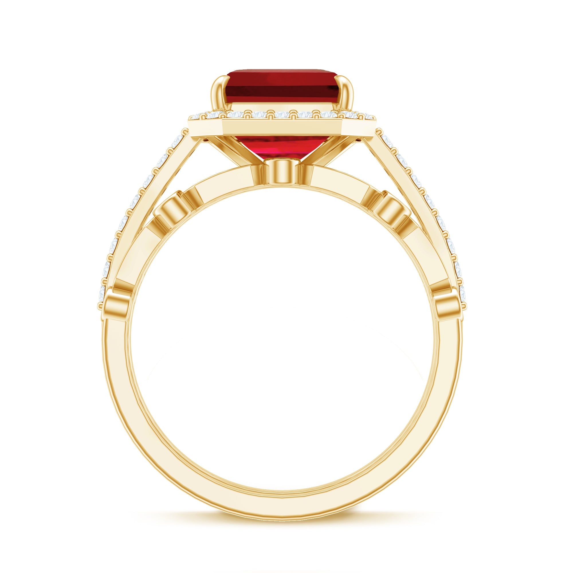 Lab Grown Ruby Ring – Asscher Cut Engagement with Diamond Halo & Enhancer Set