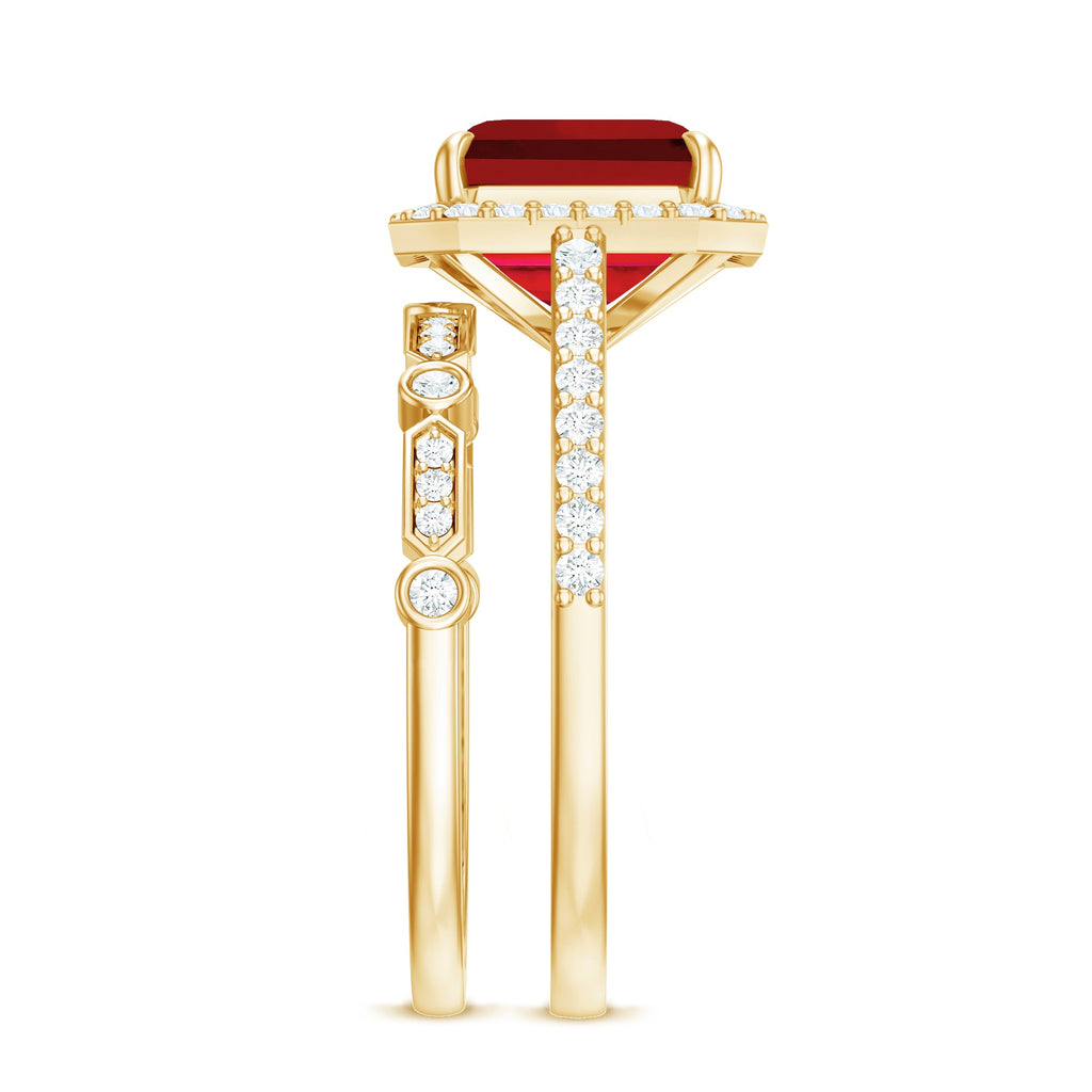 Lab Grown Ruby Ring – Asscher Cut Engagement with Diamond Halo & Enhancer Set