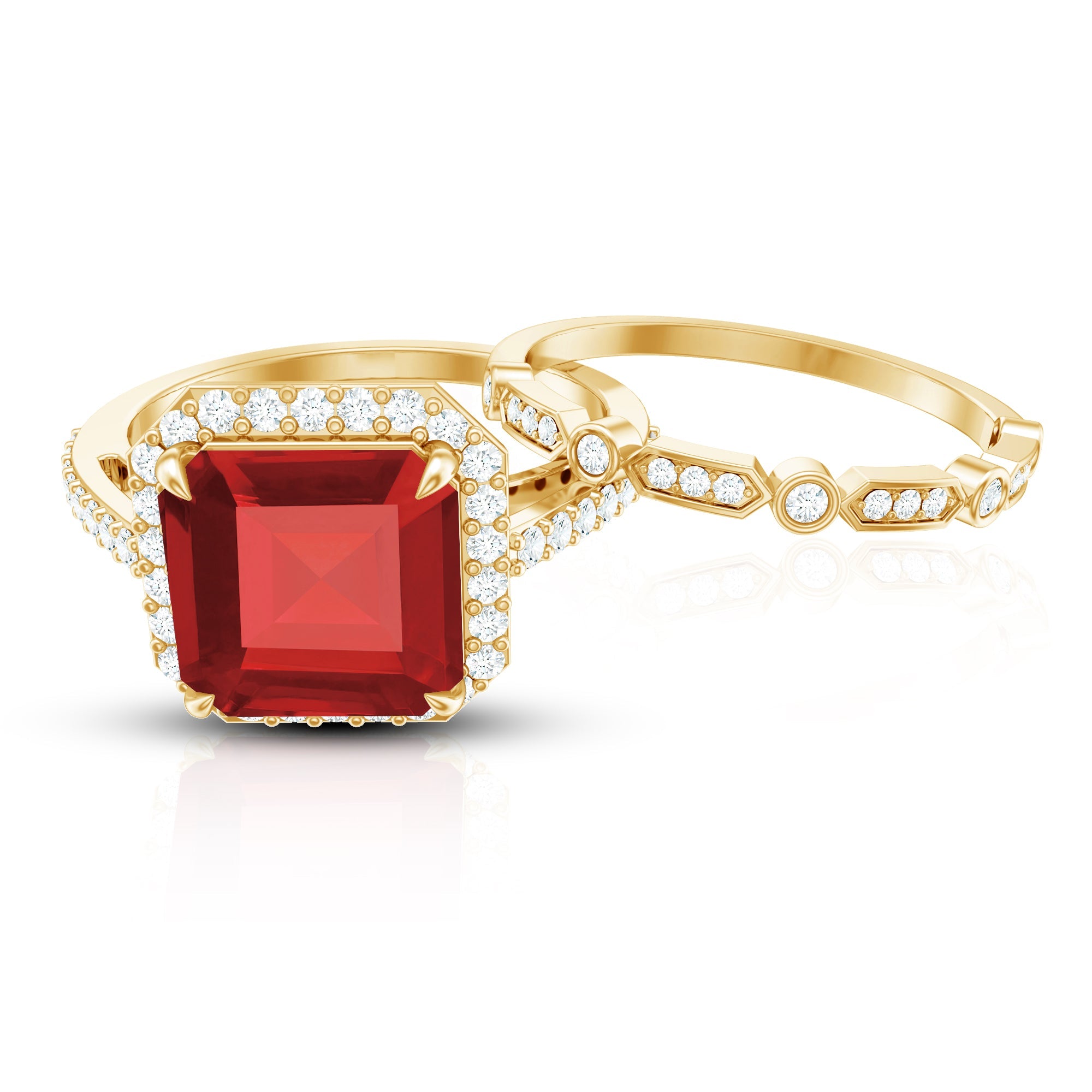 Lab Grown Ruby Ring – Asscher Cut Engagement with Diamond Halo & Enhancer Set