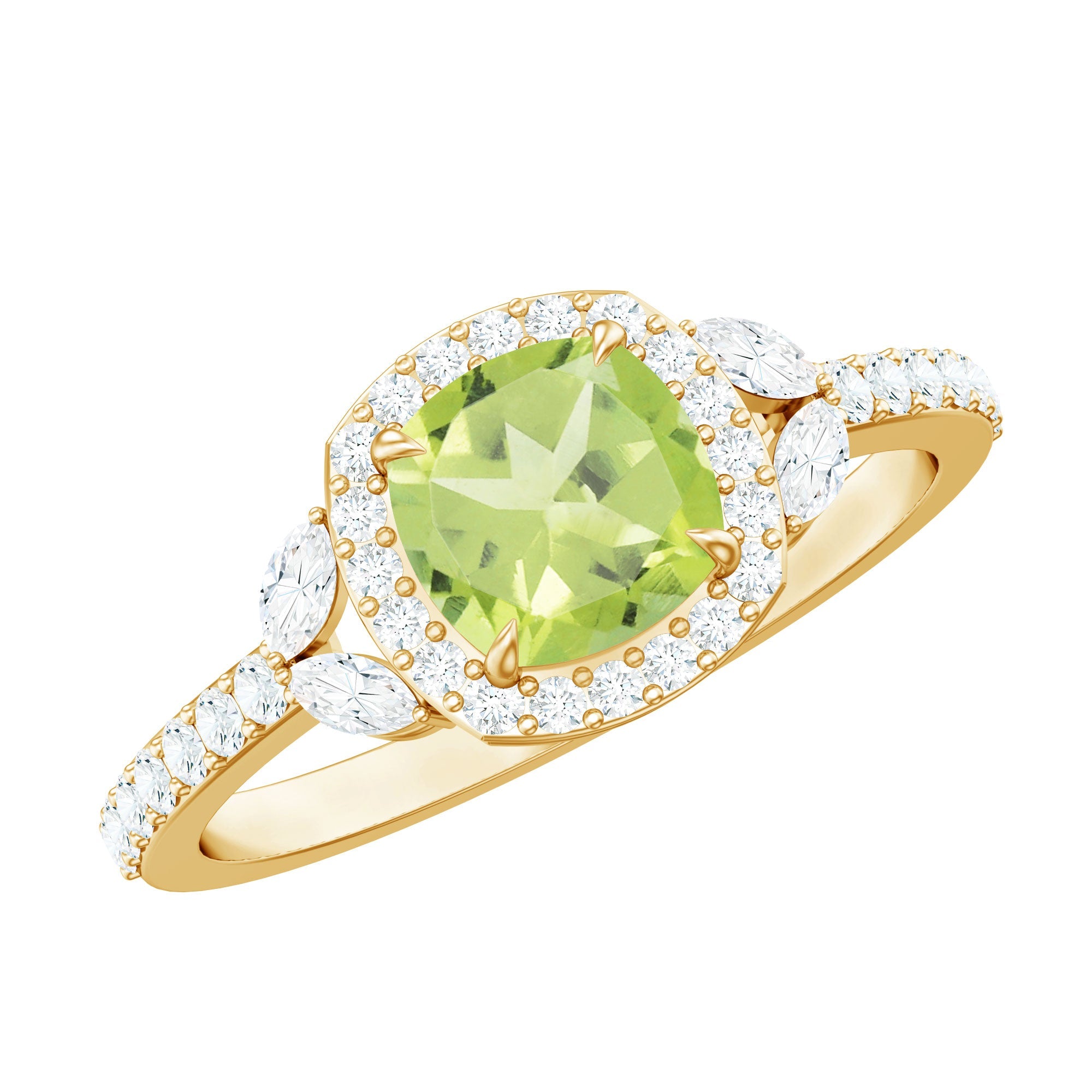 Peridot Engagement Ring – 2 Carat Cushion Cut Green Gemstone with Diamond Halo