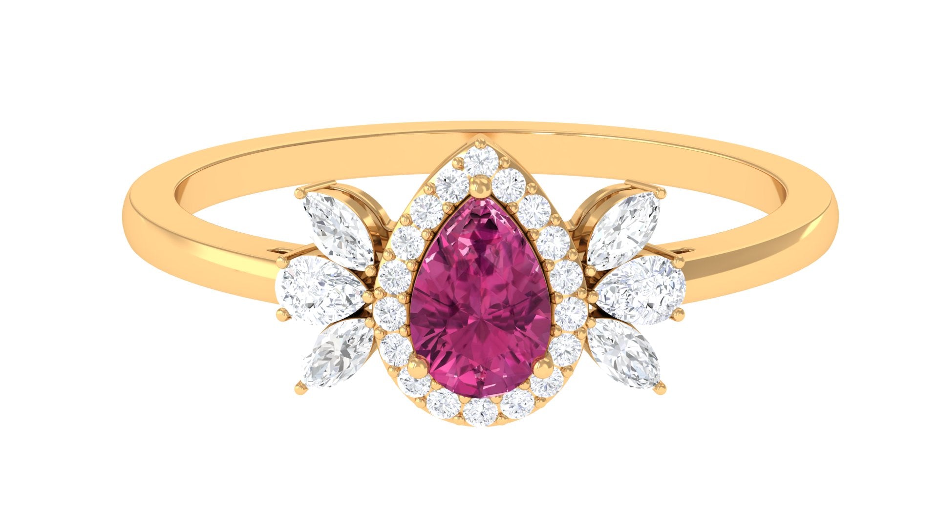 Pink Tourmaline Ring – Pear Cut Tourmaline with Diamond Halo Setting in Classic Gold