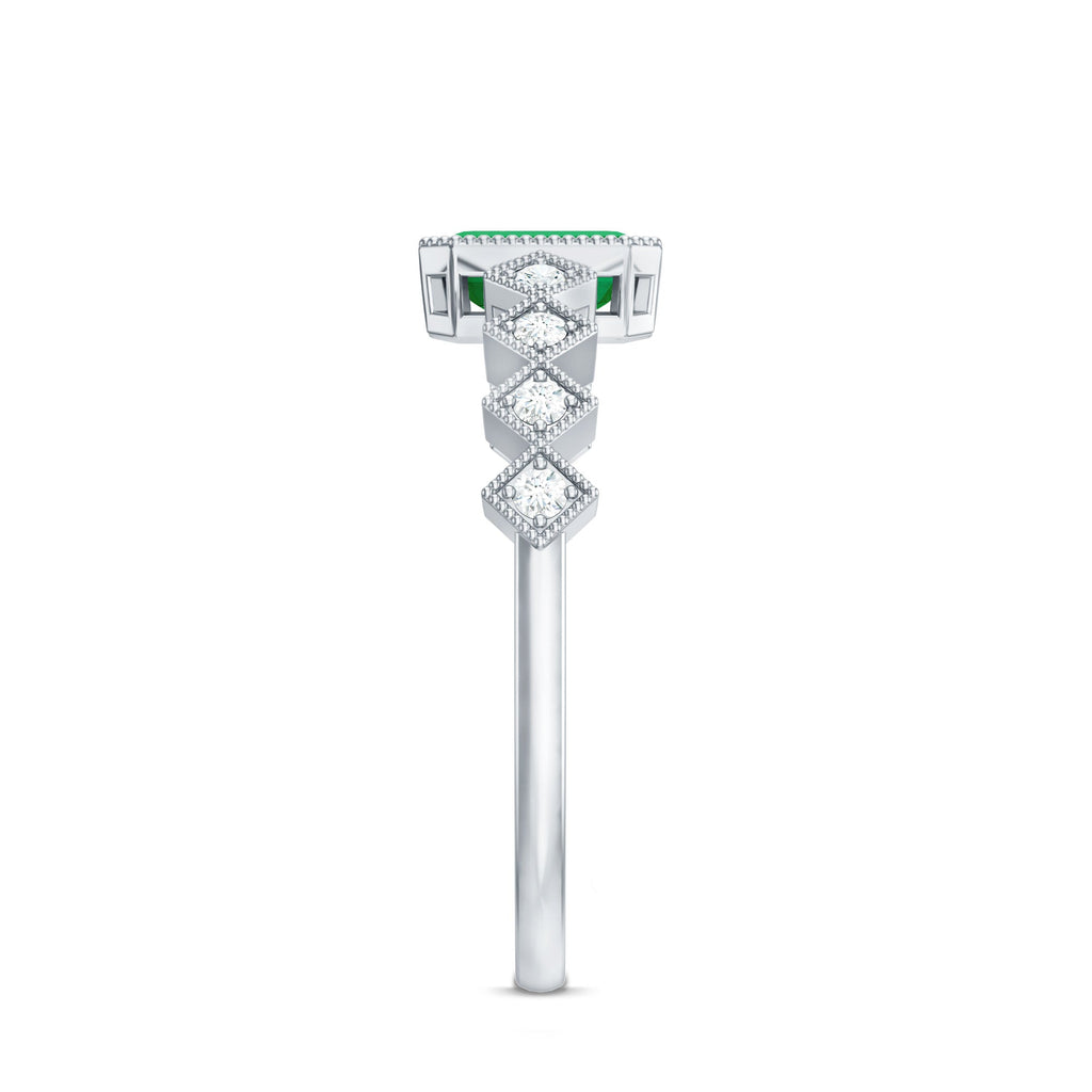 Emerald Cut Engagement Ring – Vintage Bezel Setting Ring with Diamond Side Stones