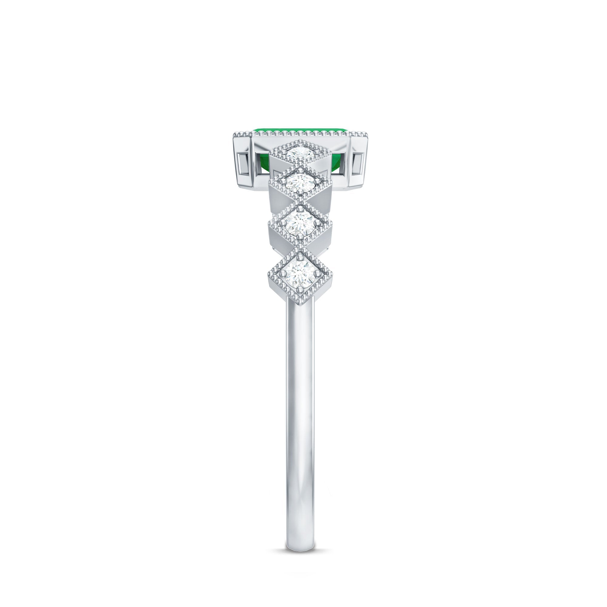 Emerald Cut Engagement Ring – Vintage Bezel Setting Ring with Diamond Side Stones