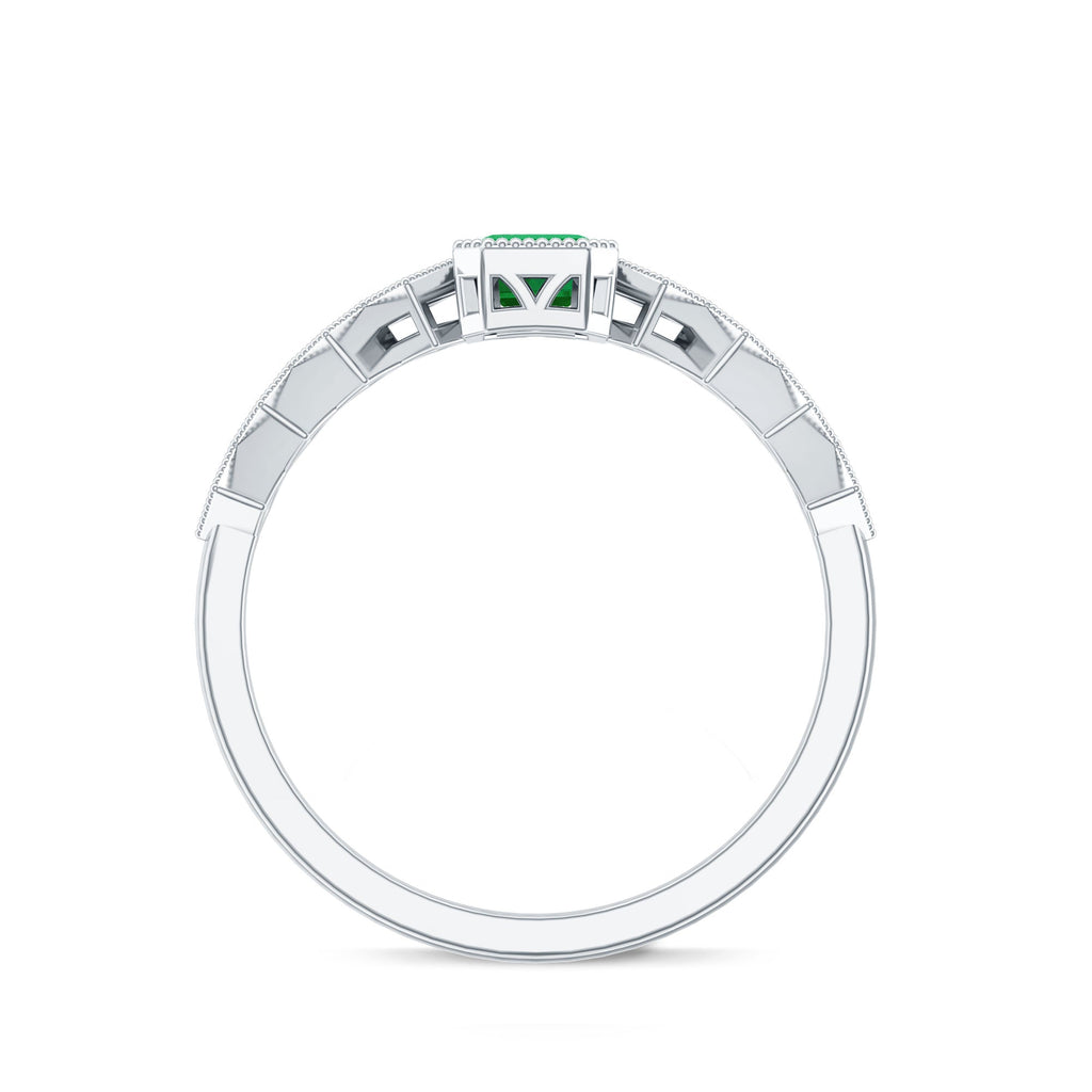 Emerald Cut Engagement Ring – Vintage Bezel Setting Ring with Diamond Side Stones