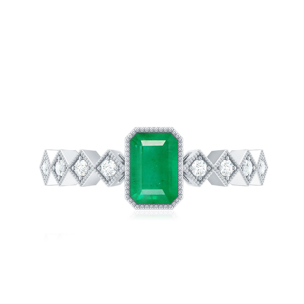 Emerald Cut Engagement Ring – Vintage Bezel Setting Ring with Diamond Side Stones