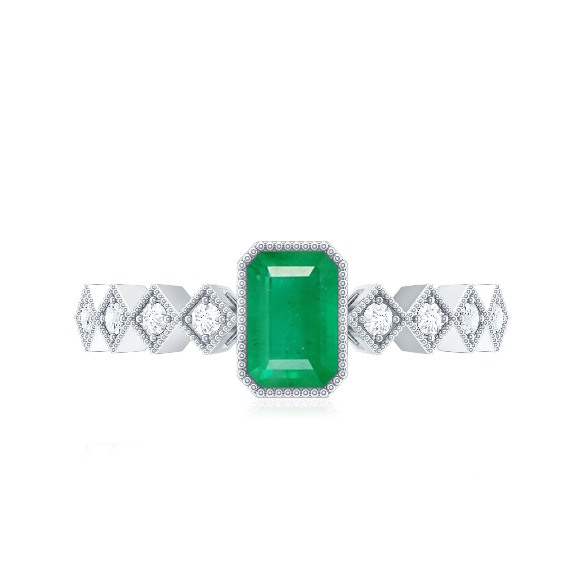 Emerald Cut Engagement Ring – Vintage Bezel Setting Ring with Diamond Side Stones