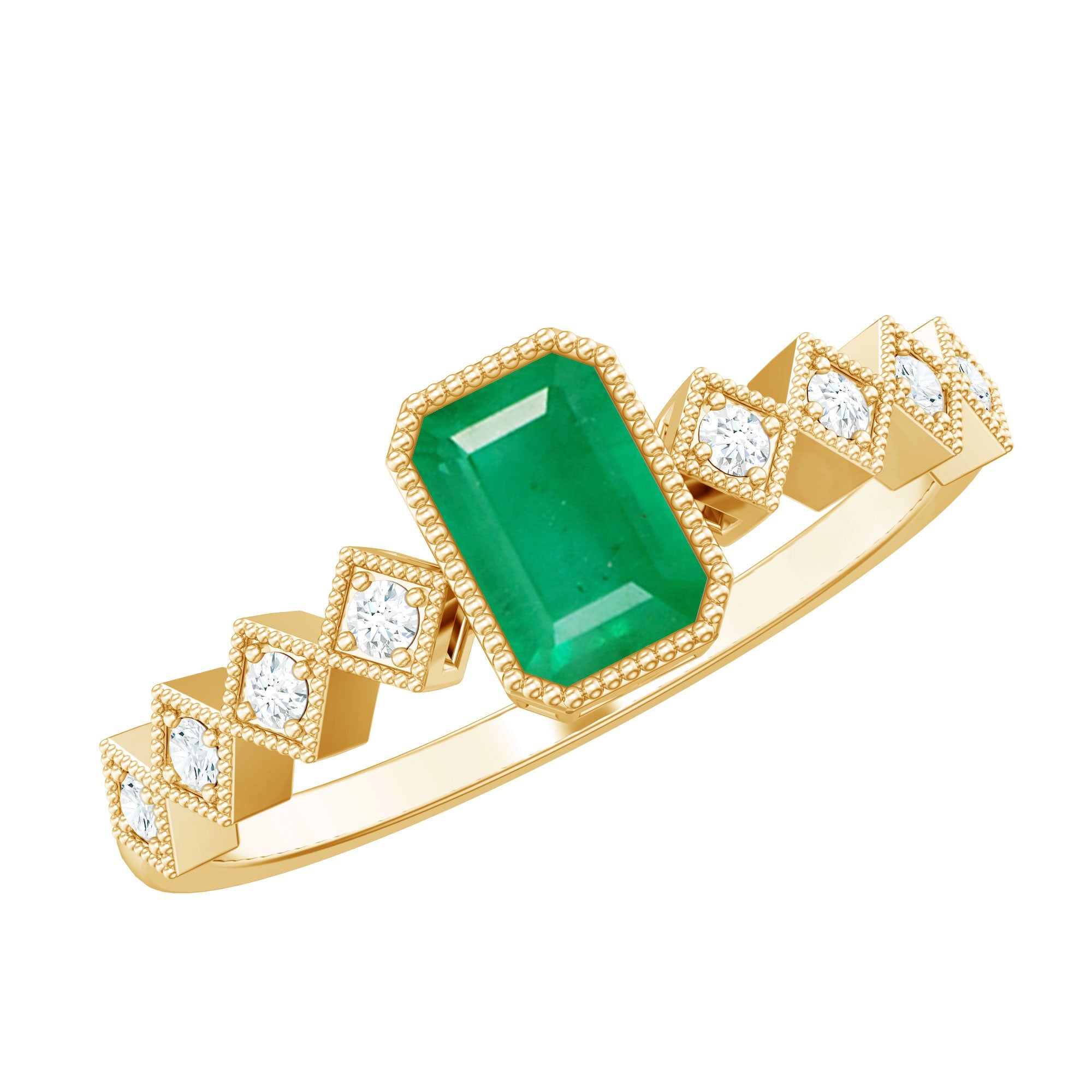Emerald Cut Engagement Ring – Vintage Bezel Setting Ring with Diamond Side Stones