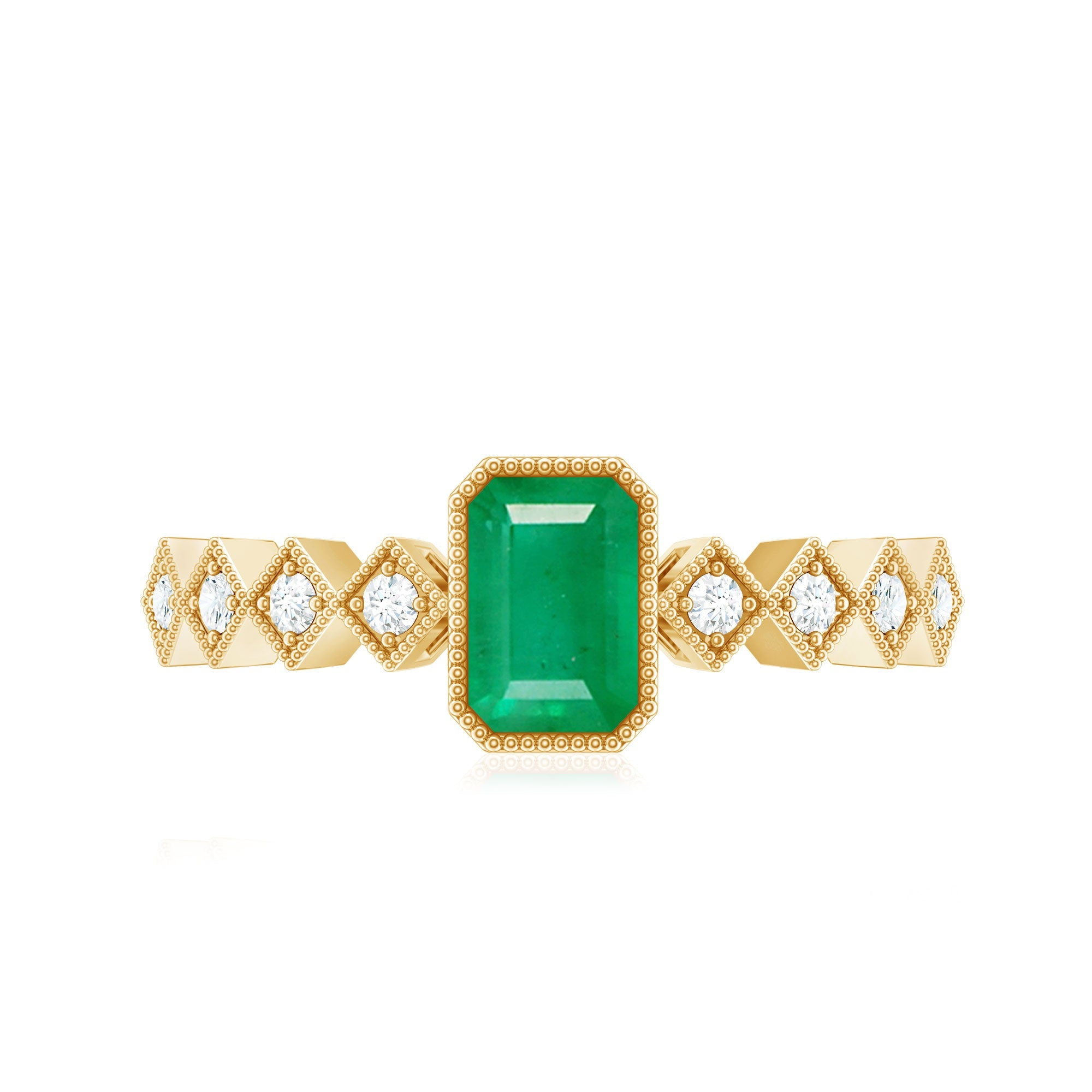 Emerald Cut Engagement Ring – Vintage Bezel Setting Ring with Diamond Side Stones