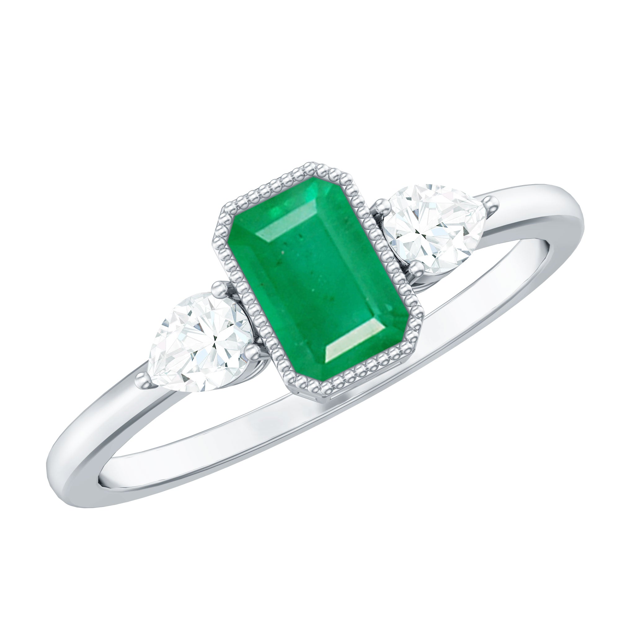 Emerald Engagement Ring – Bezel Set Emerald Cut Jewelry with Pear Diamond Accents