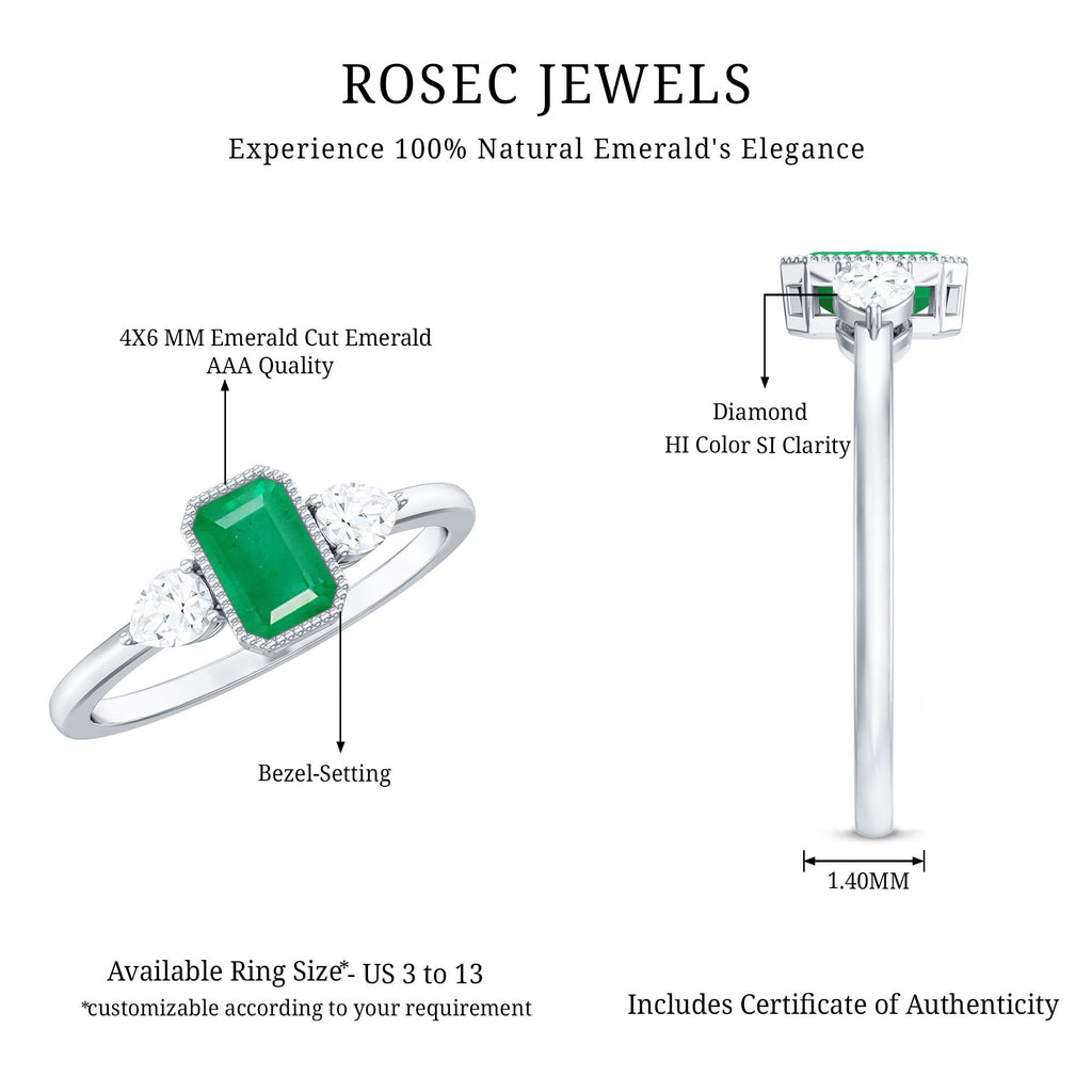 Emerald Engagement Ring – Bezel Set Emerald Cut Jewelry with Pear Diamond Accents