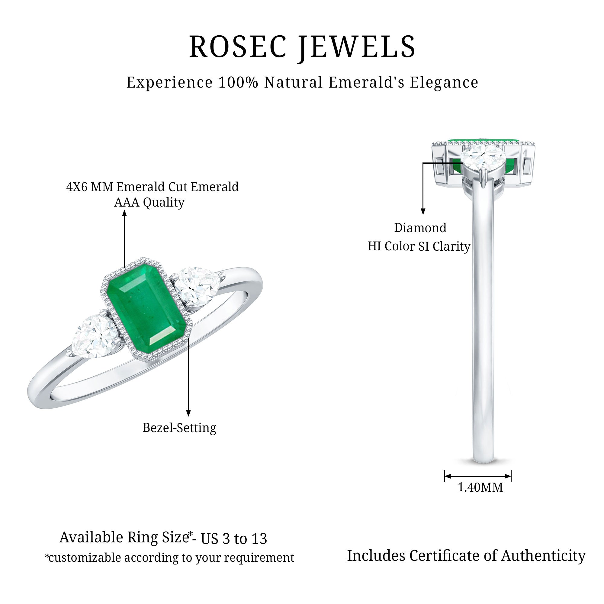 Emerald Engagement Ring – Bezel Set Emerald Cut Jewelry with Pear Diamond Accents