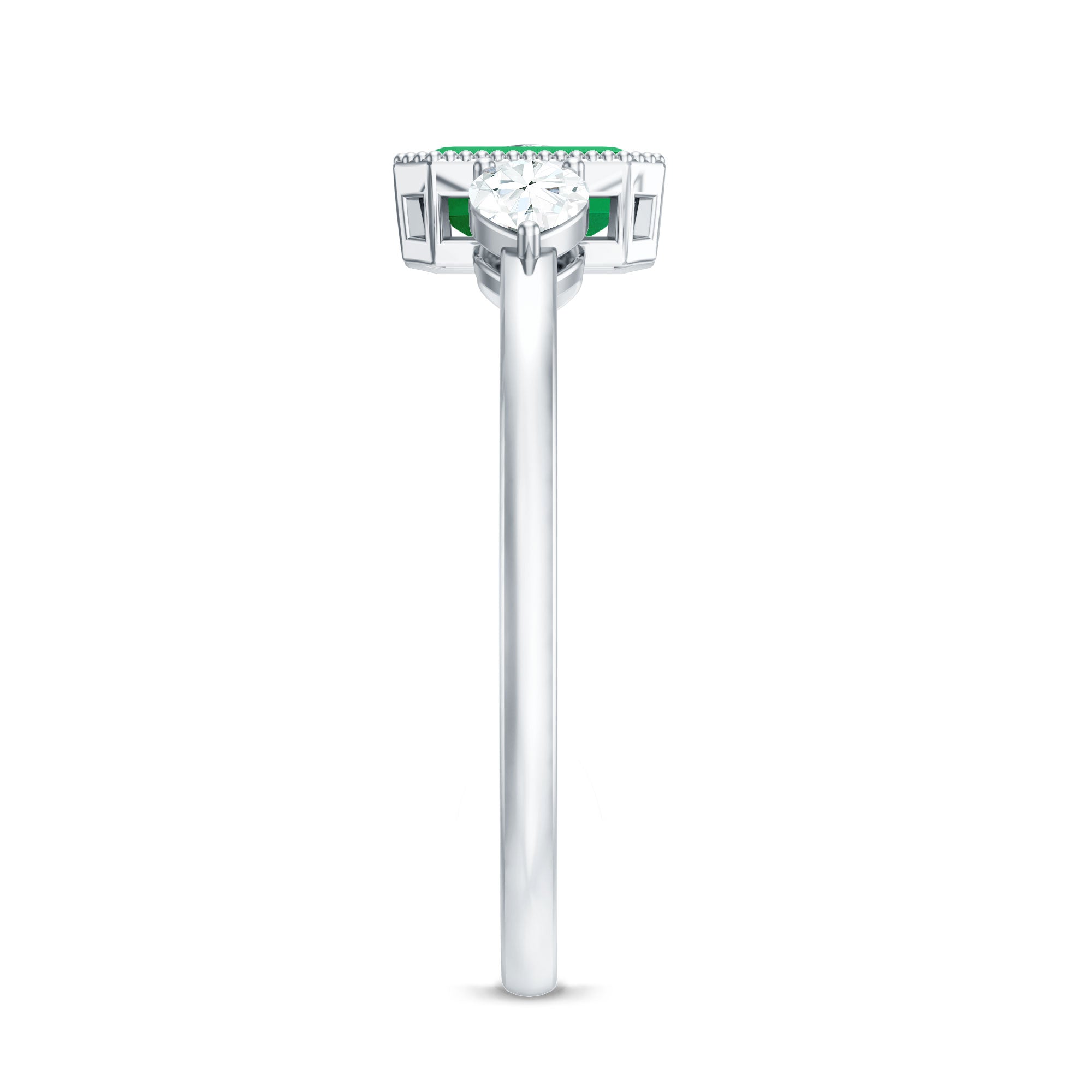 Emerald Engagement Ring – Bezel Set Emerald Cut Jewelry with Pear Diamond Accents