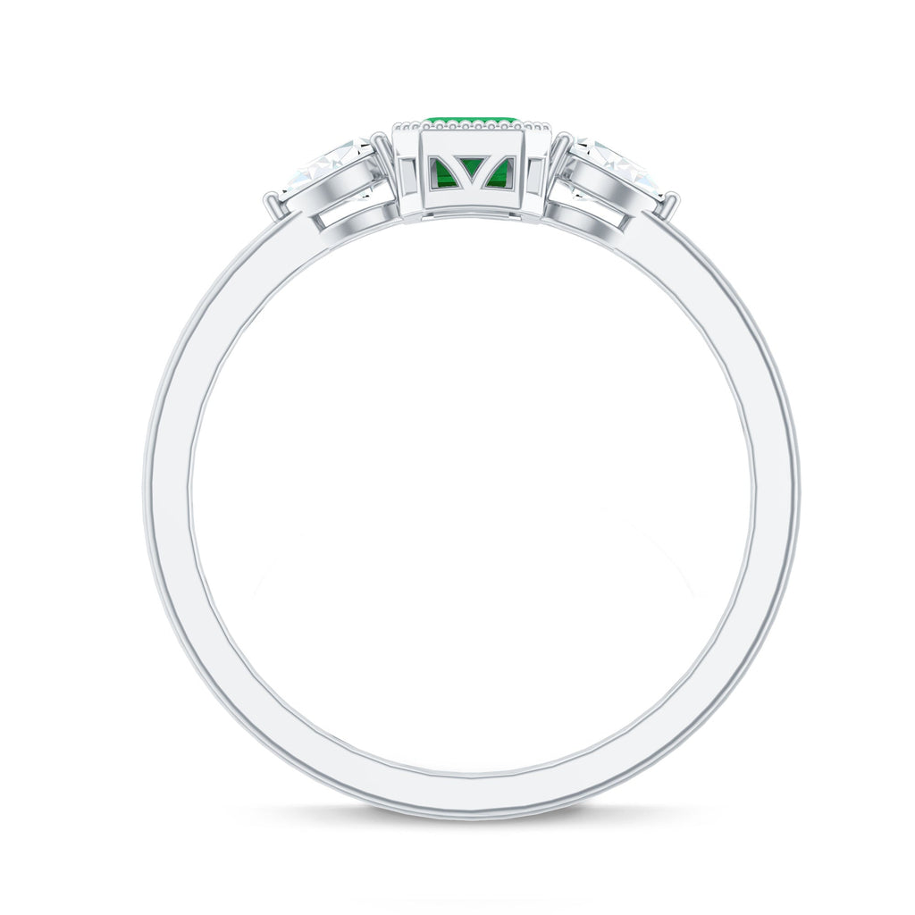 Emerald Engagement Ring – Bezel Set Emerald Cut Jewelry with Pear Diamond Accents
