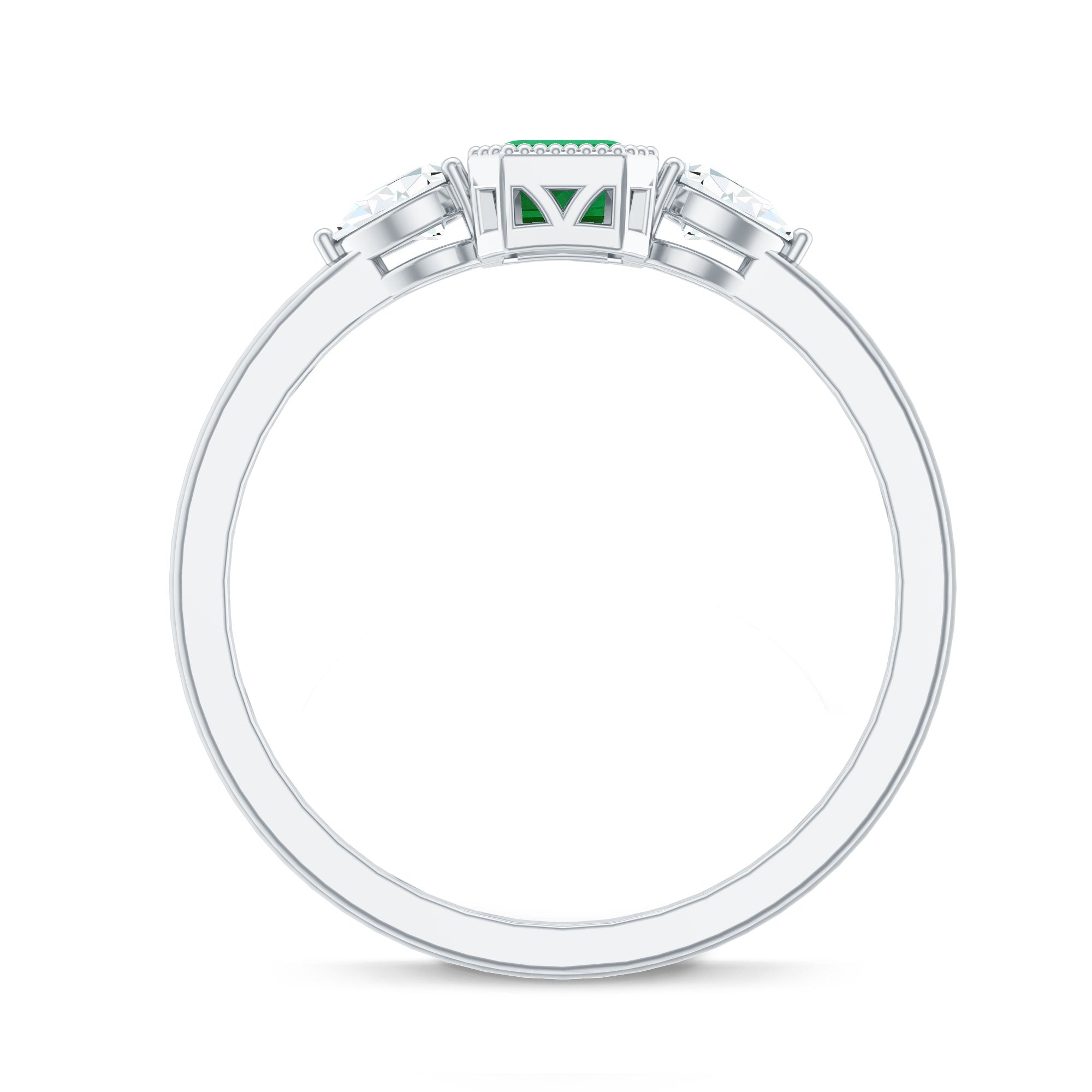 Emerald Engagement Ring – Bezel Set Emerald Cut Jewelry with Pear Diamond Accents