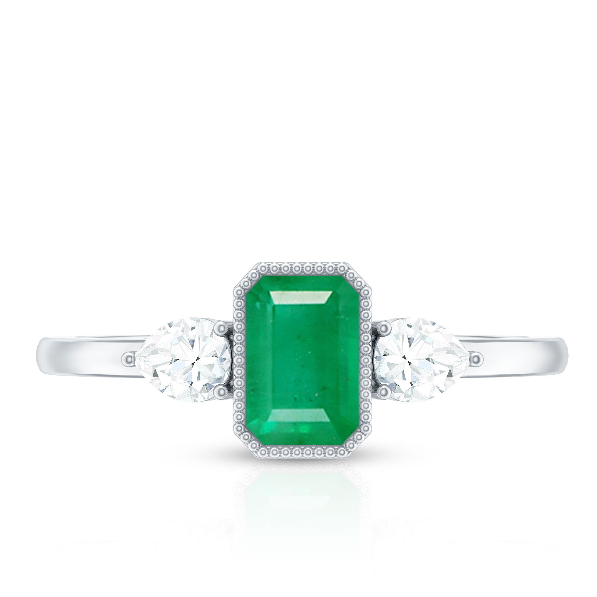 Emerald Engagement Ring – Bezel Set Emerald Cut Jewelry with Pear Diamond Accents
