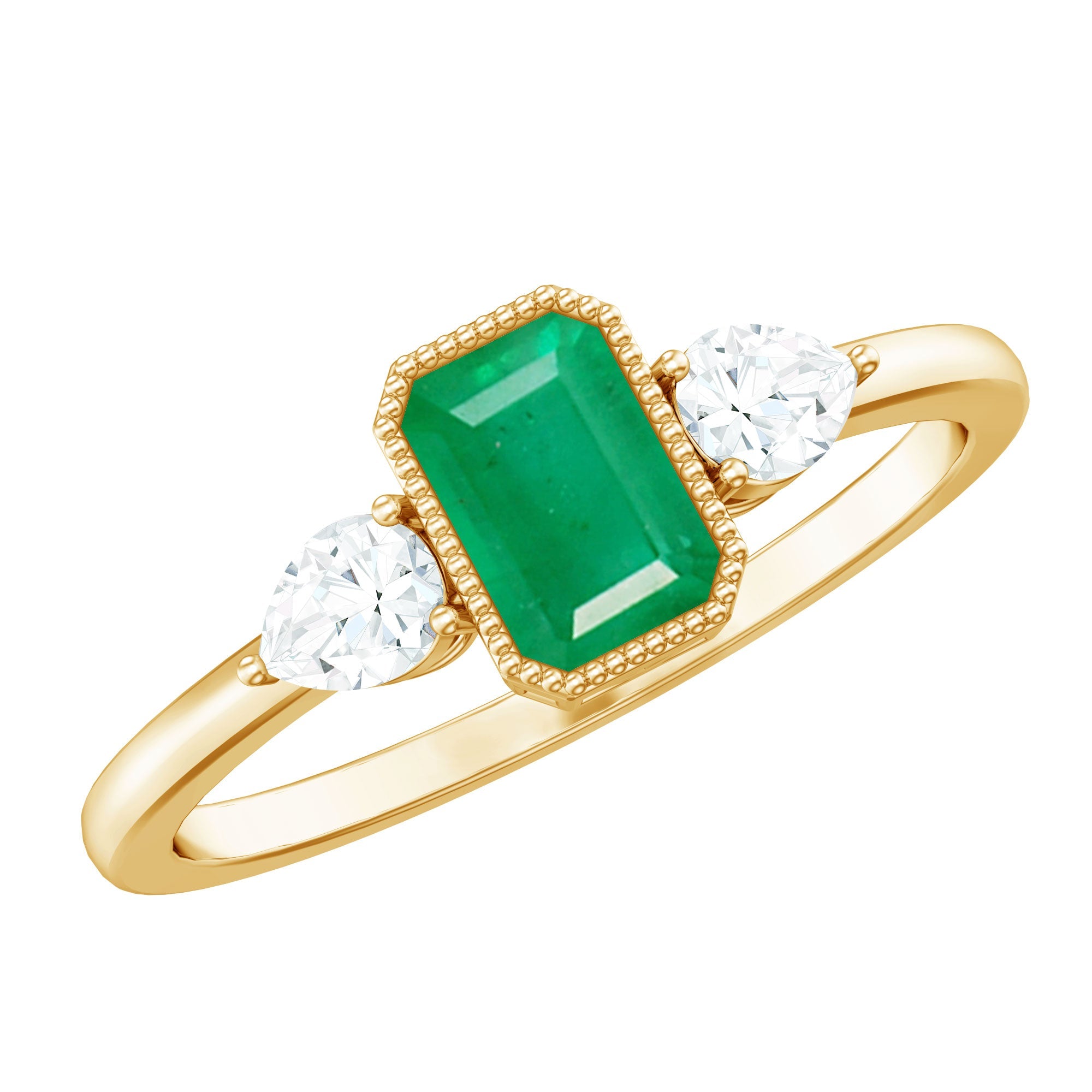 Emerald Engagement Ring – Bezel Set Emerald Cut Jewelry with Pear Diamond Accents