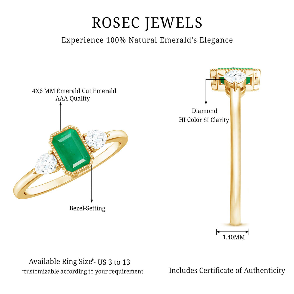 Emerald Engagement Ring – Bezel Set Emerald Cut Jewelry with Pear Diamond Accents