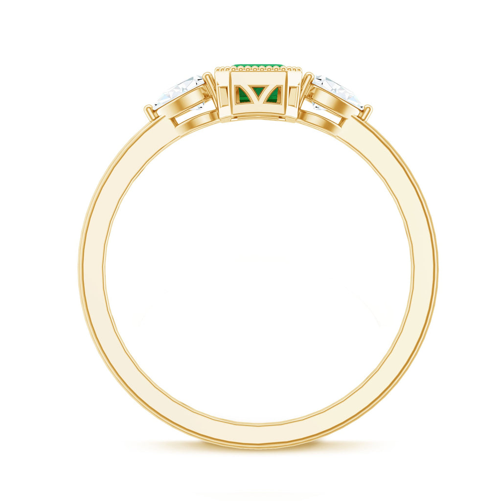 Emerald Engagement Ring – Bezel Set Emerald Cut Jewelry with Pear Diamond Accents