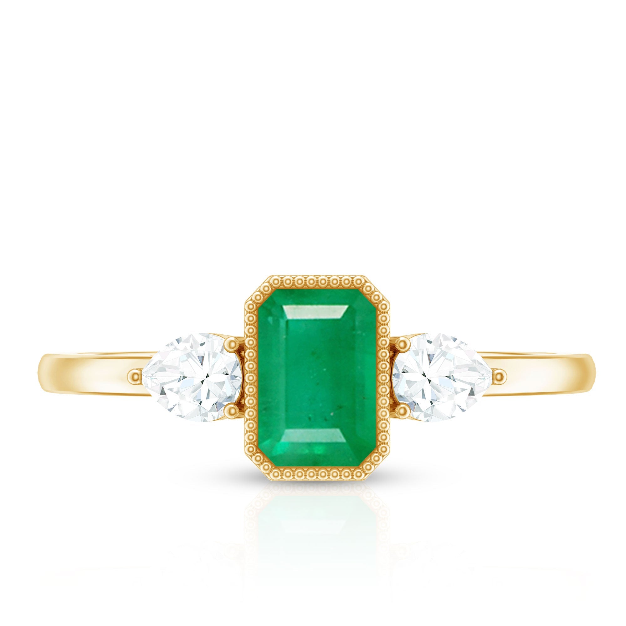 Emerald Engagement Ring – Bezel Set Emerald Cut Jewelry with Pear Diamond Accents