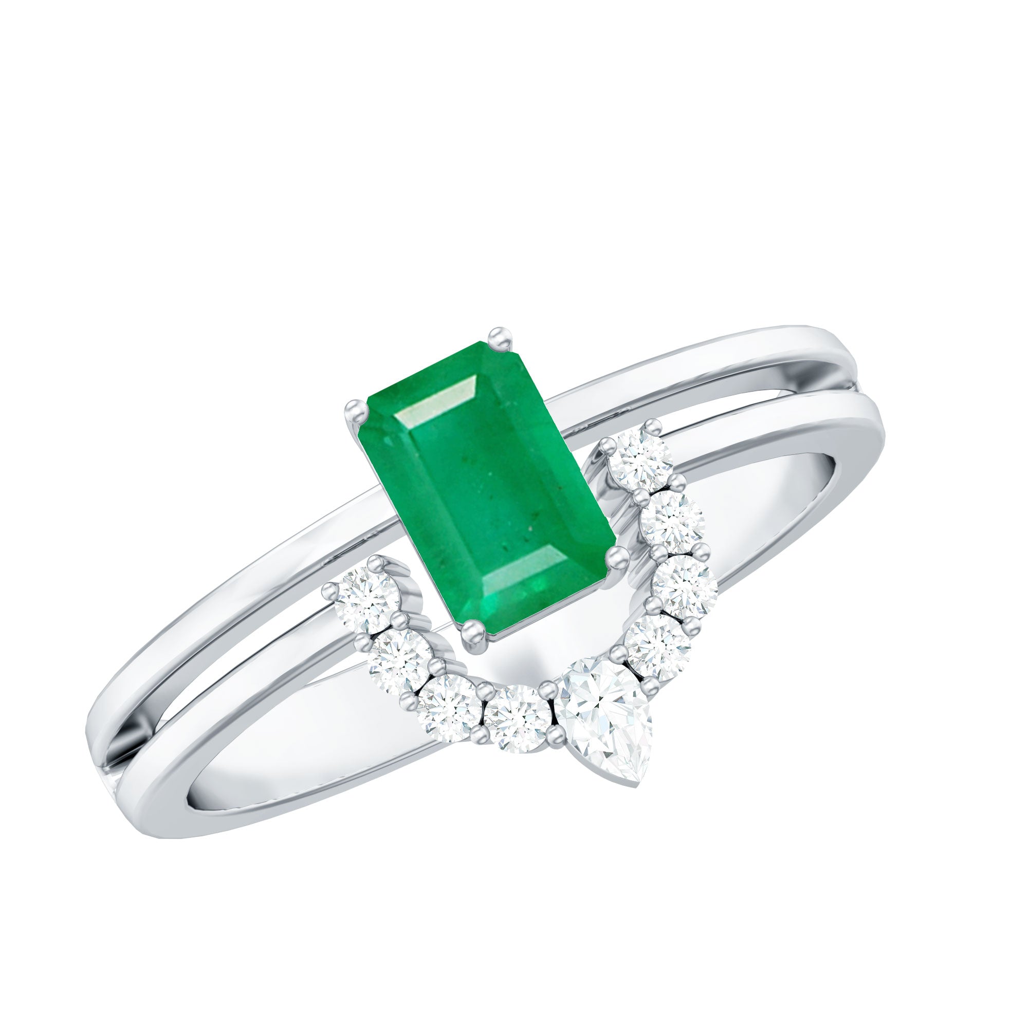 Emerald Engagement Ring - Double Band Emerald Cut Ring with Diamond Halo