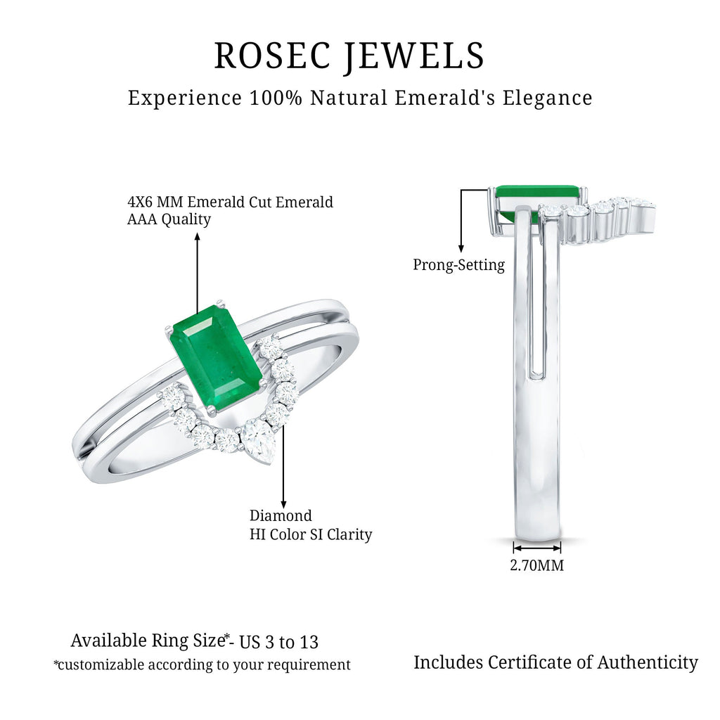 Emerald Engagement Ring - Double Band Emerald Cut Ring with Diamond Halo