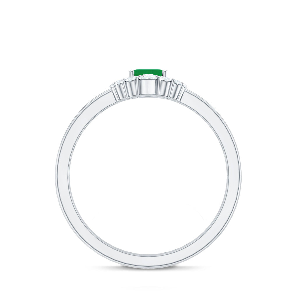 Emerald Engagement Ring - Double Band Emerald Cut Ring with Diamond Halo