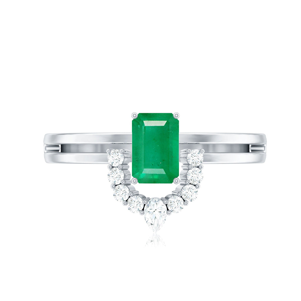 Emerald Engagement Ring - Double Band Emerald Cut Ring with Diamond Halo