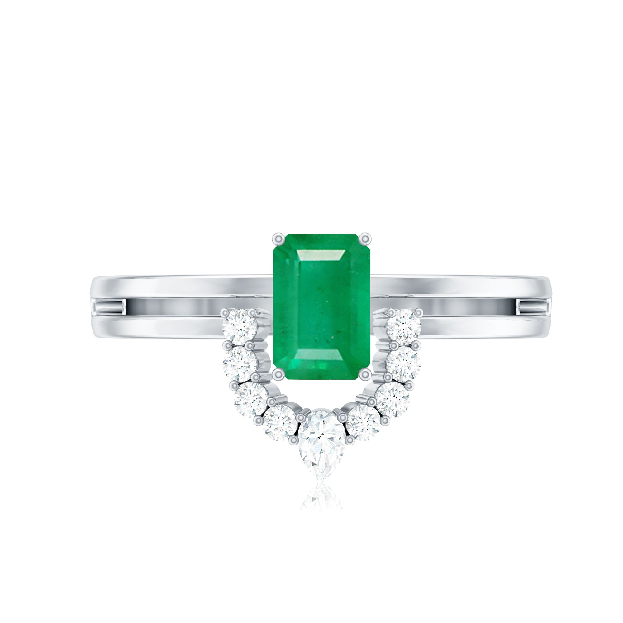 Emerald Engagement Ring - Double Band Emerald Cut Ring with Diamond Halo