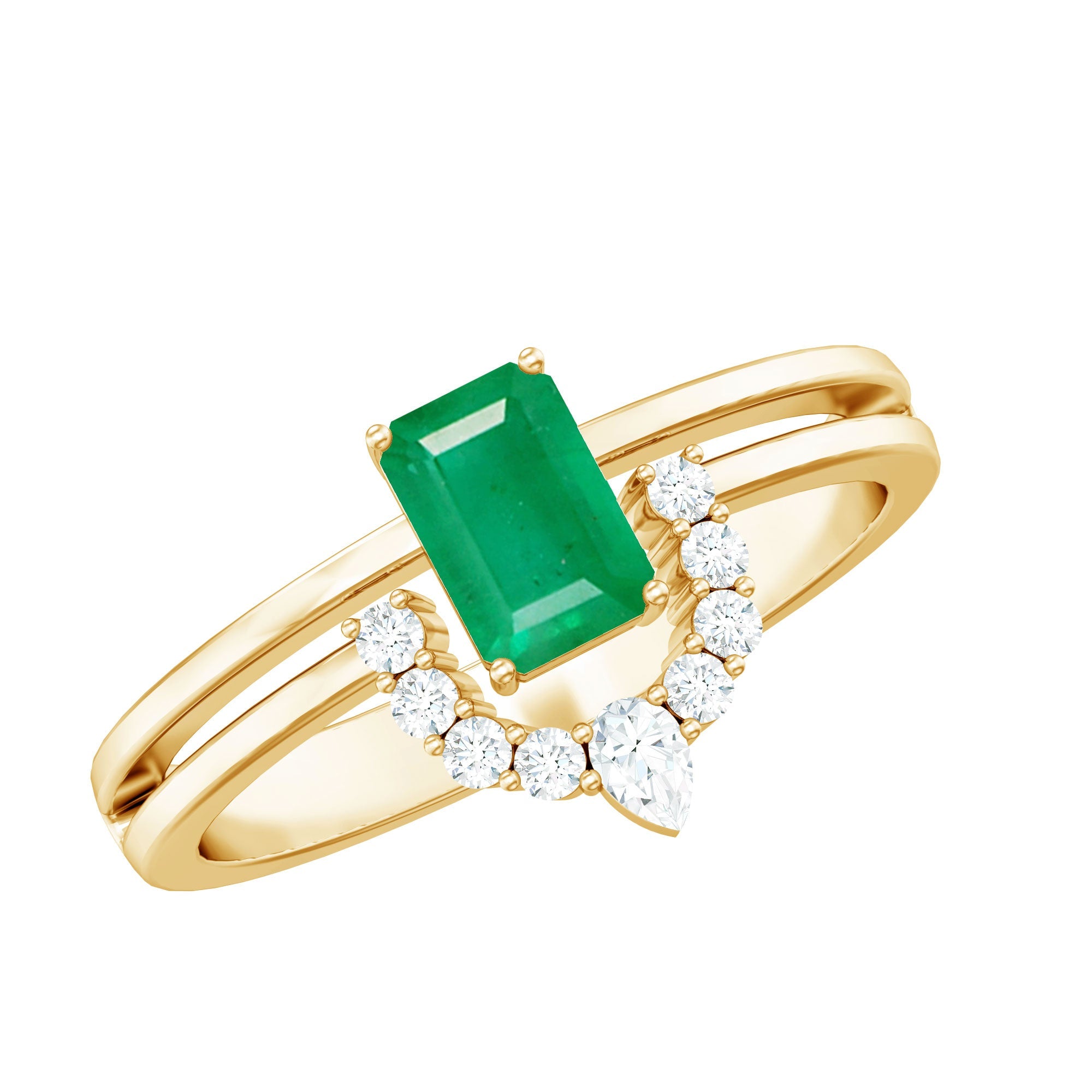 Emerald Engagement Ring - Double Band Emerald Cut Ring with Diamond Halo
