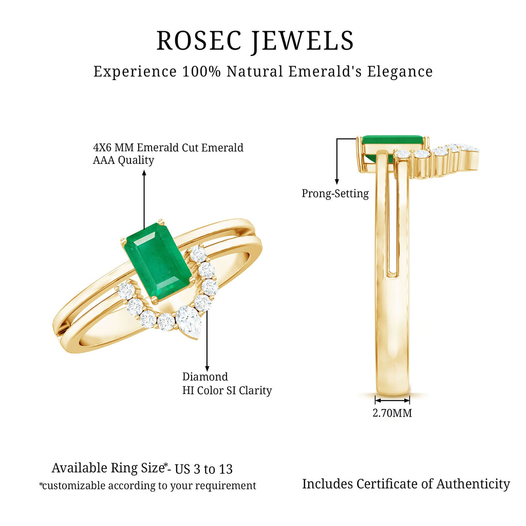 Emerald Engagement Ring - Double Band Emerald Cut Ring with Diamond Halo