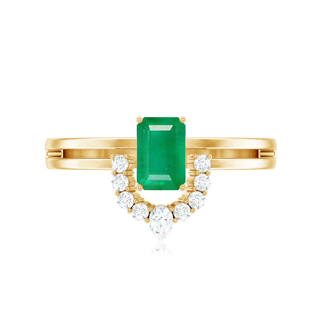 Emerald Engagement Ring - Double Band Emerald Cut Ring with Diamond Halo