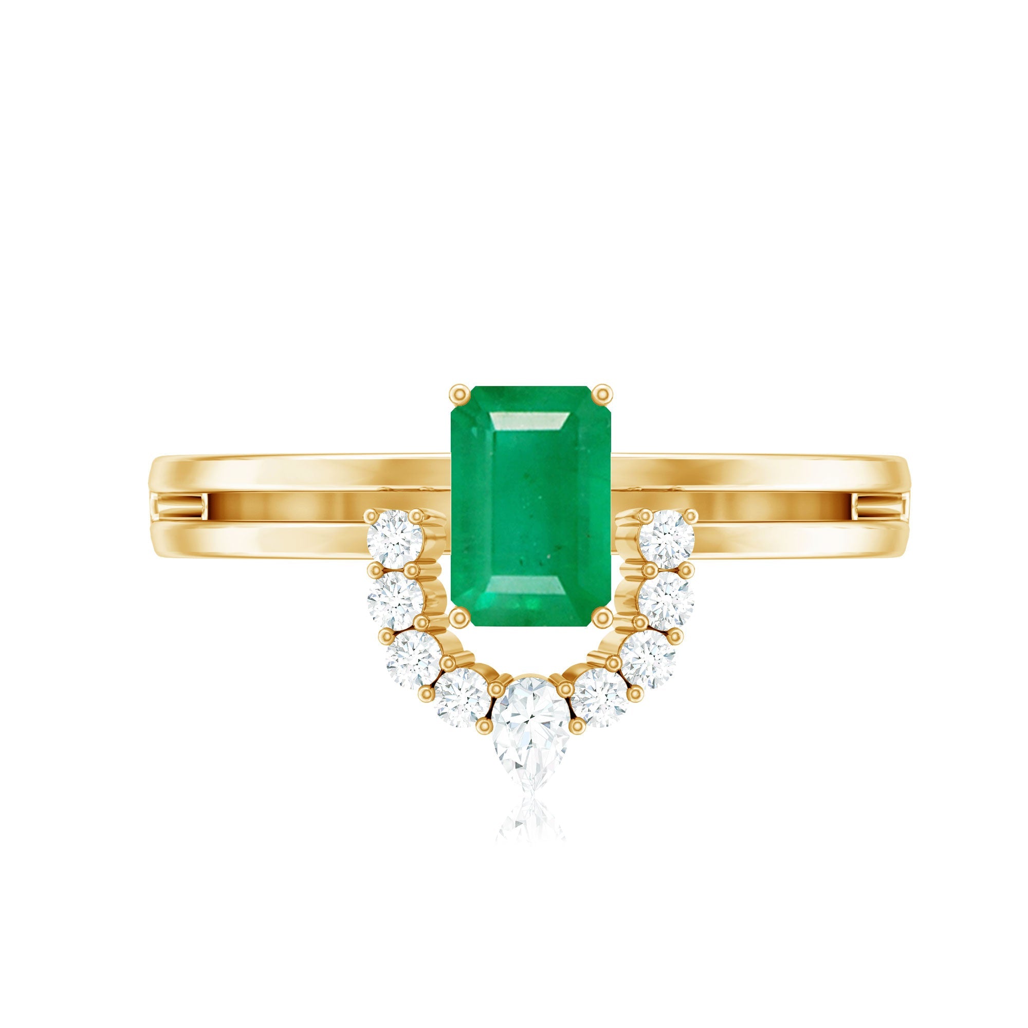 Emerald Engagement Ring - Double Band Emerald Cut Ring with Diamond Halo