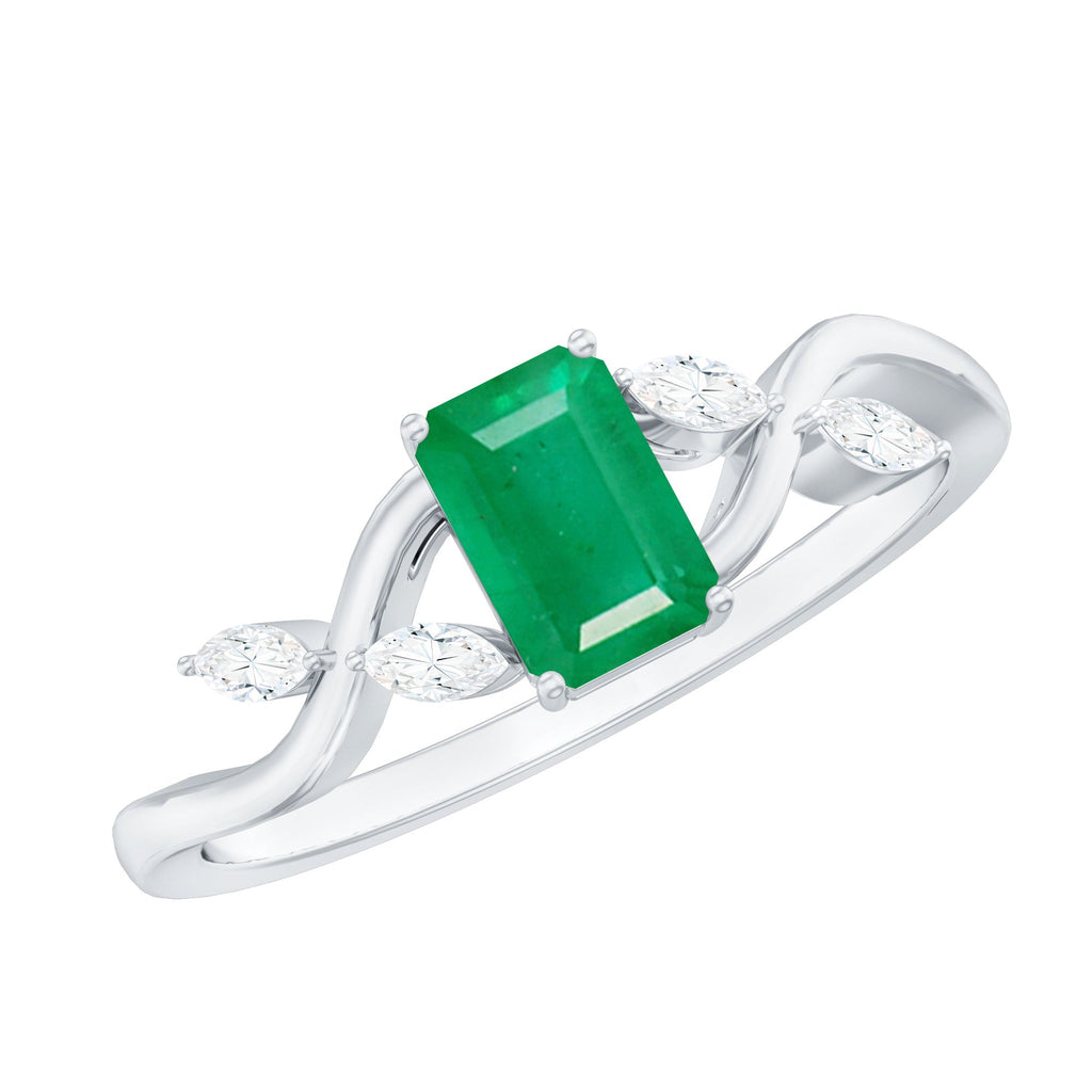 Emerald Engagement Ring – Designer Emerald Cut Ring with Marquise Diamond Band