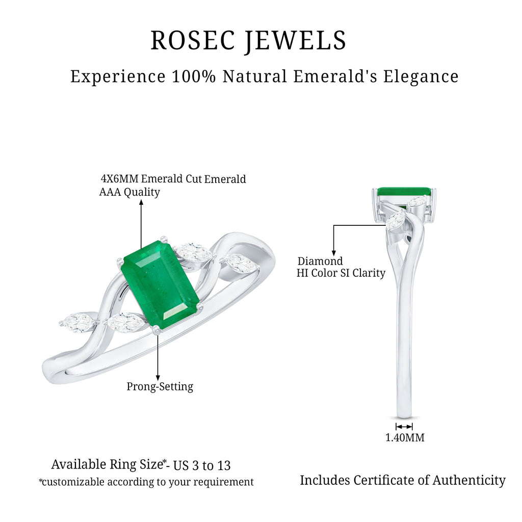 Emerald Engagement Ring – Designer Emerald Cut Ring with Marquise Diamond Band