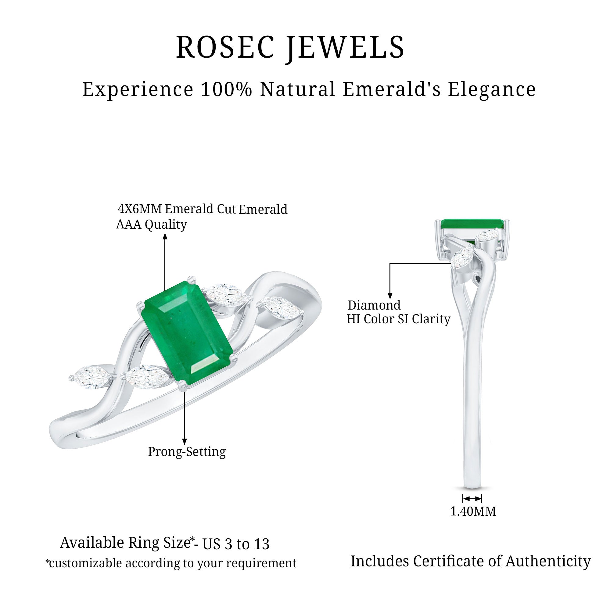 Emerald Engagement Ring – Designer Emerald Cut Ring with Marquise Diamond Band